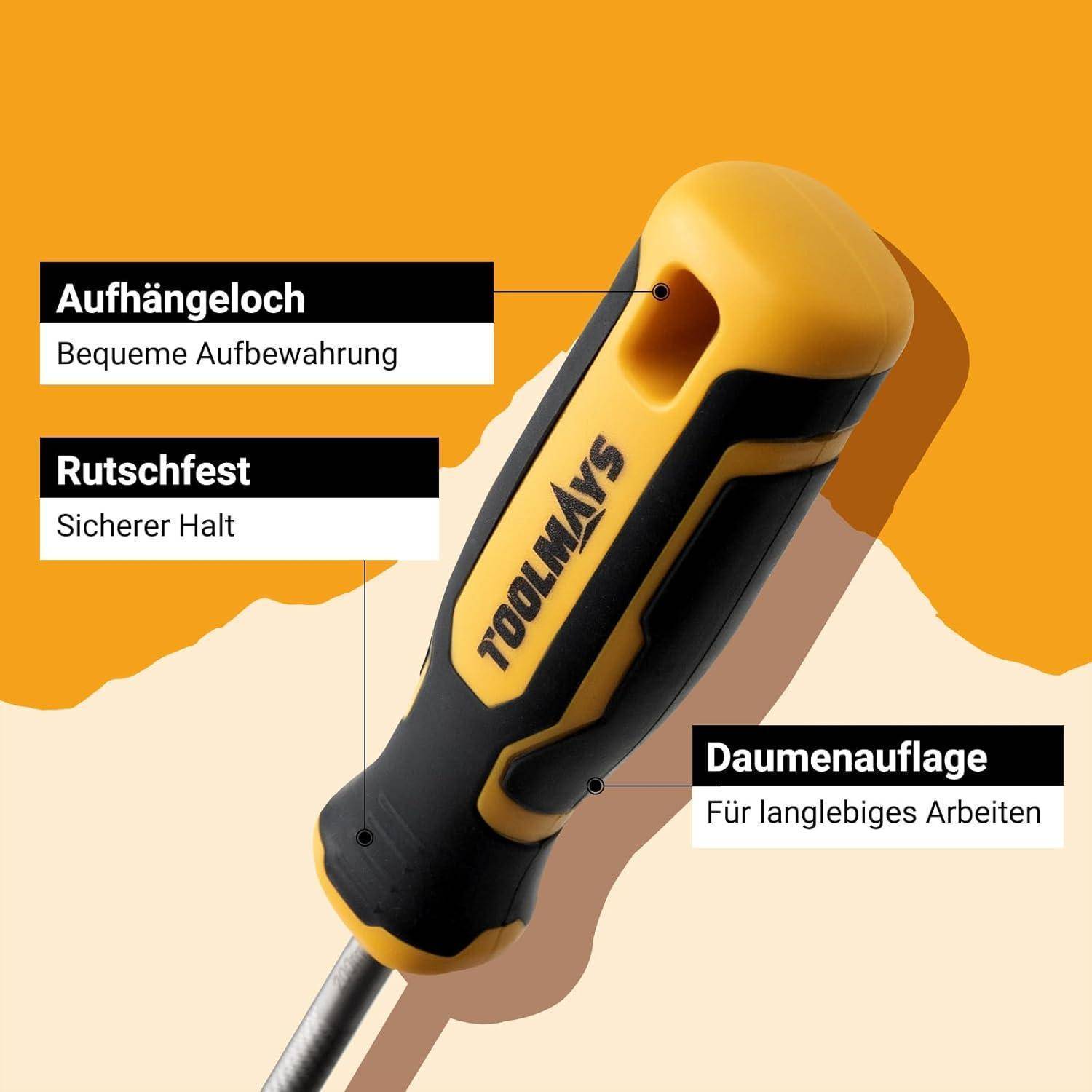 Darstellung eines Toolmate-Schraubendrehergriffs mit Beschriftungen in Deutsch: Aufhängeloch zur Aufbewahrung, rutschfester Griff und Daumenstütze für komfortables längeres Arbeiten.