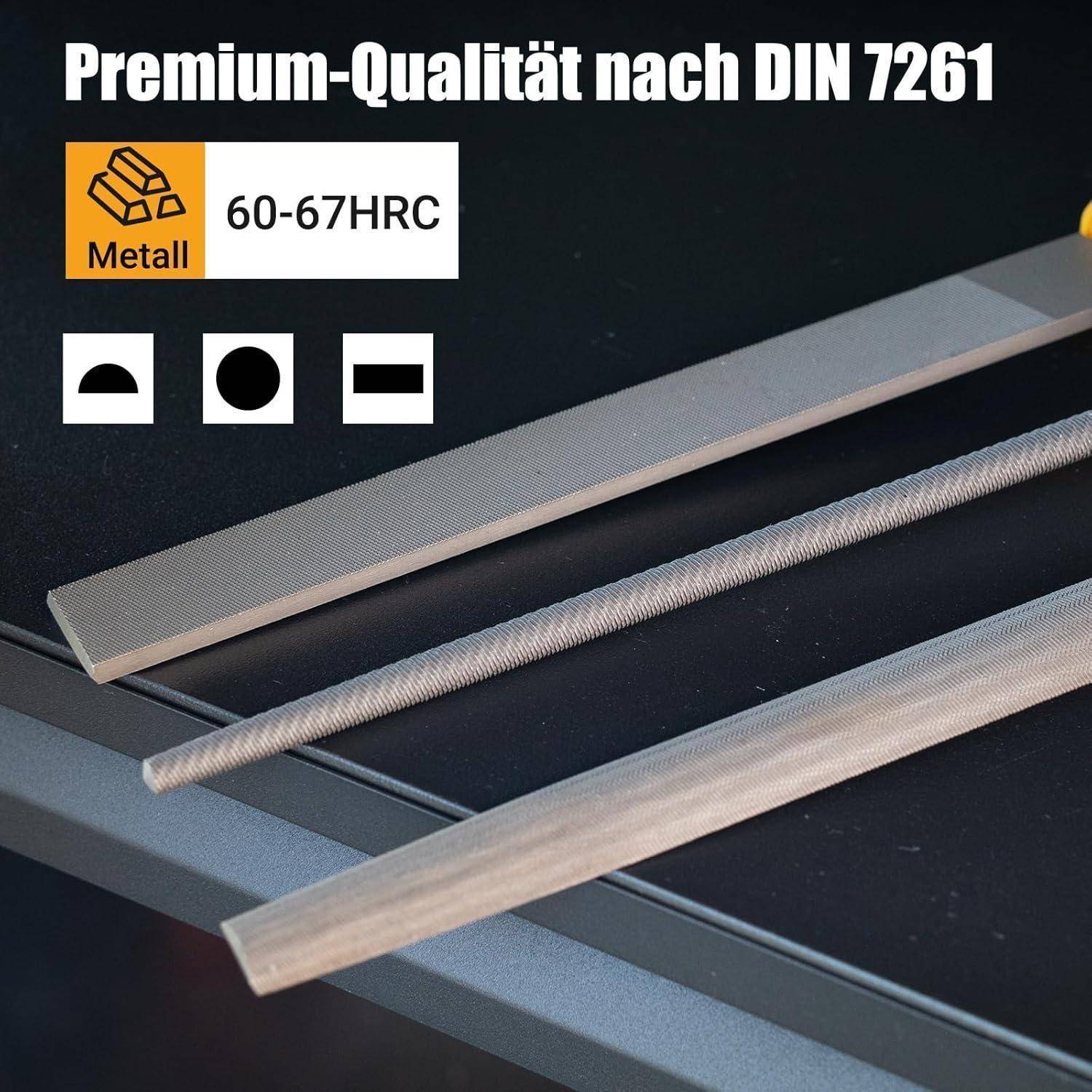 Metallfeilen mit DIN 7261 Premiumqualität, Härte 60-67 HRC, dargestellt in drei Feilen­formen auf dunklem Hintergrund.