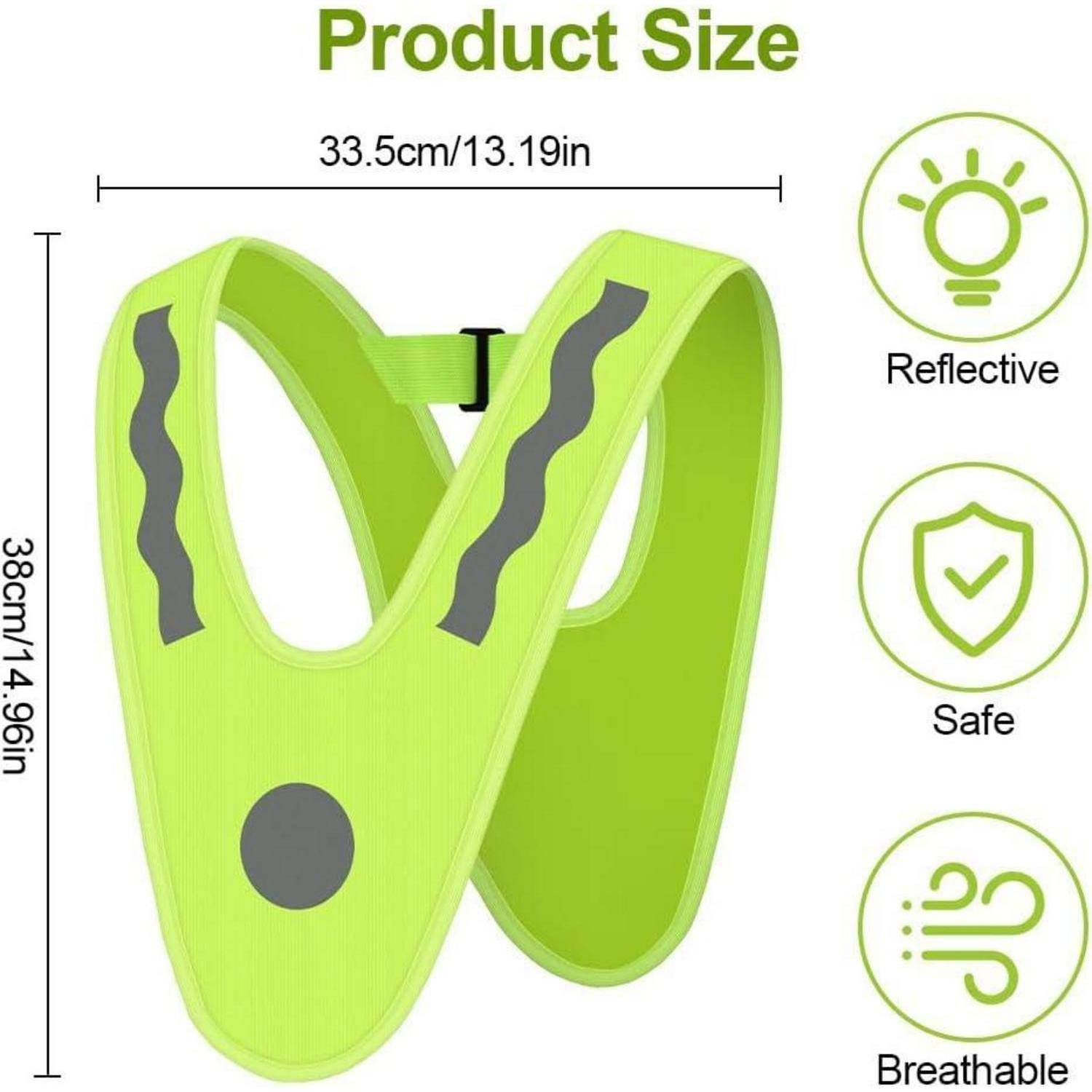 Produktgrößendiagramm einer neongrünen reflektierenden Sicherheitsweste mit Geschirr, das eine Breite von 33,5 cm und eine Höhe von 38 cm zeigt, mit Symbolen für reflektierende, sichere und atmungsaktive Eigenschaften.