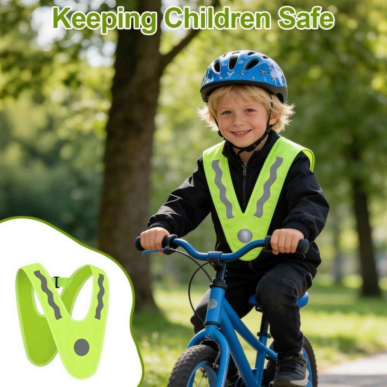 Plakat eines Kindes, das einen blauen Helm und eine reflektierende Sicherheitsweste trägt und Fahrrad fährt, mit dem Text „Kinder schützen