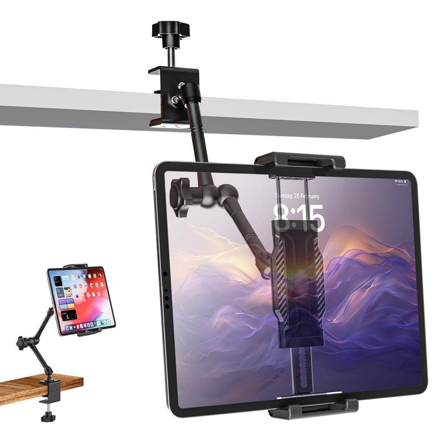 Verstellbarer, tischklemmen-montierter Schreibtischarm, der ein Tablet über einem Tisch hält und zeigt ein flexibles Montagessystem mit oberer, seitlicher und Tischklemmen-Befestigung.