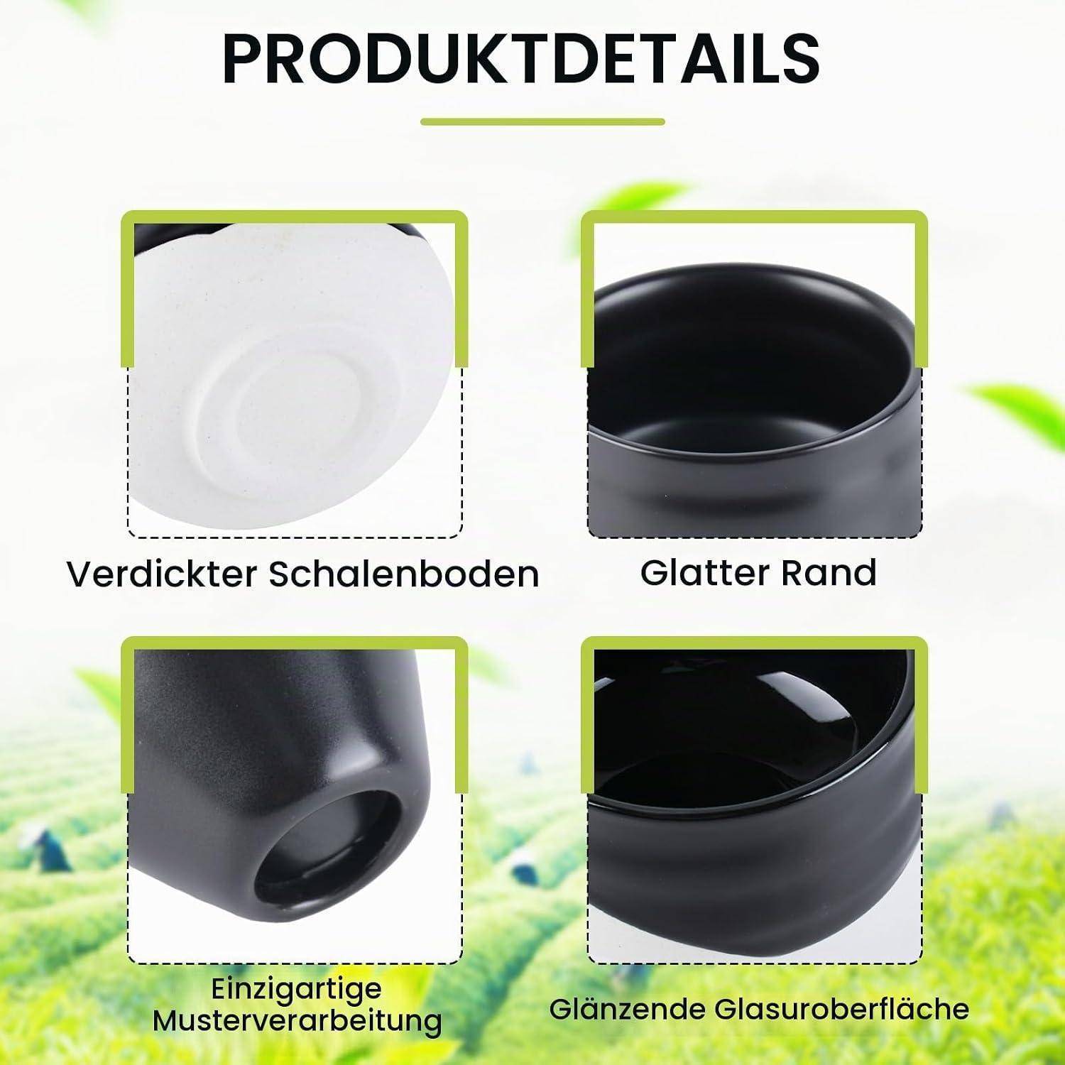 Produktdetail-Grafik, die die Merkmale einer schwarzen Schüssel zeigt: verstärkter Boden, glatter Rand, einzigartiges Muster und glänzend glasierte Oberfläche.