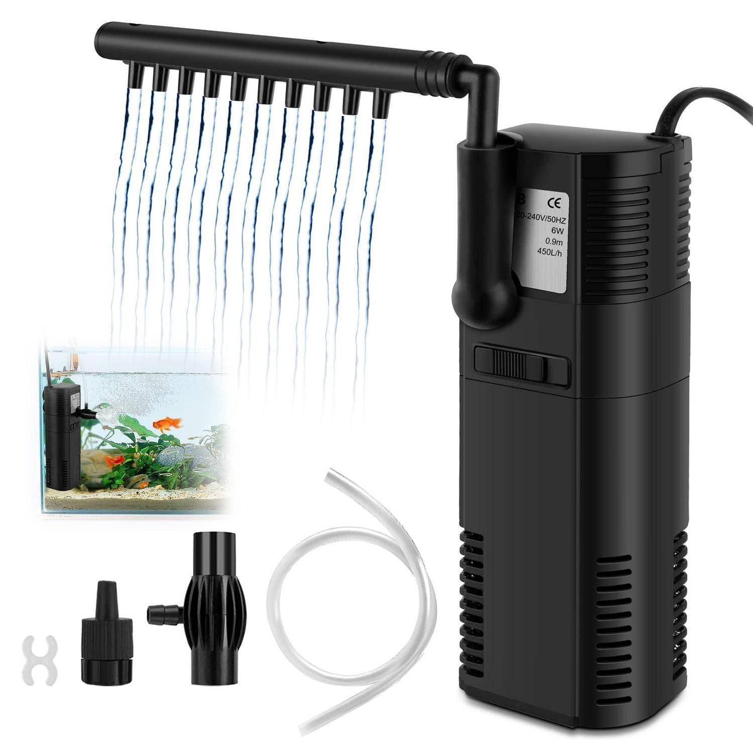 Aquarien Eckfilter innenfilter mit Innen Filter Pumpe mit Spray Stange für Fischtank 300L/450L/H, 2W/6W (450L/H 6W)