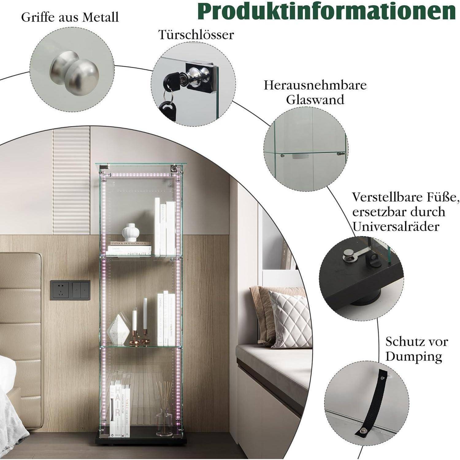 Glasvitrine Standvitrine mit LED Beleuchtung, Glasvitrine Stehend mit 3 Glasböden &amp; 1 Glastüren abschließbar, Vitrinenschrank für Wohnzimmer Büro