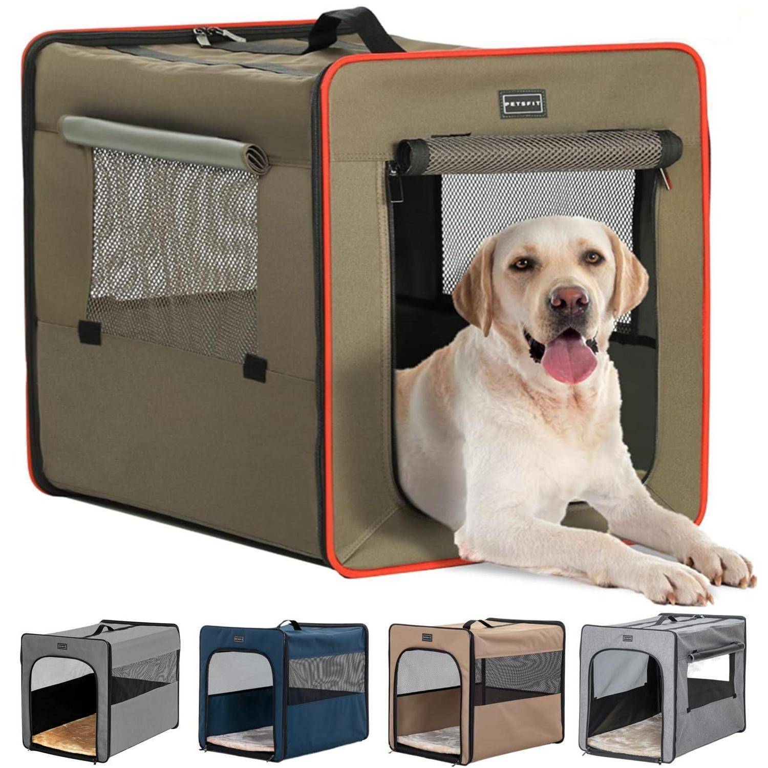 Ein Labrador sitzt in einer zusammenklappbaren Haustier-Transportbox mit weichen Seitenwänden und Maschenpaneelen; vier Farbvarianten sind unten dargestellt.