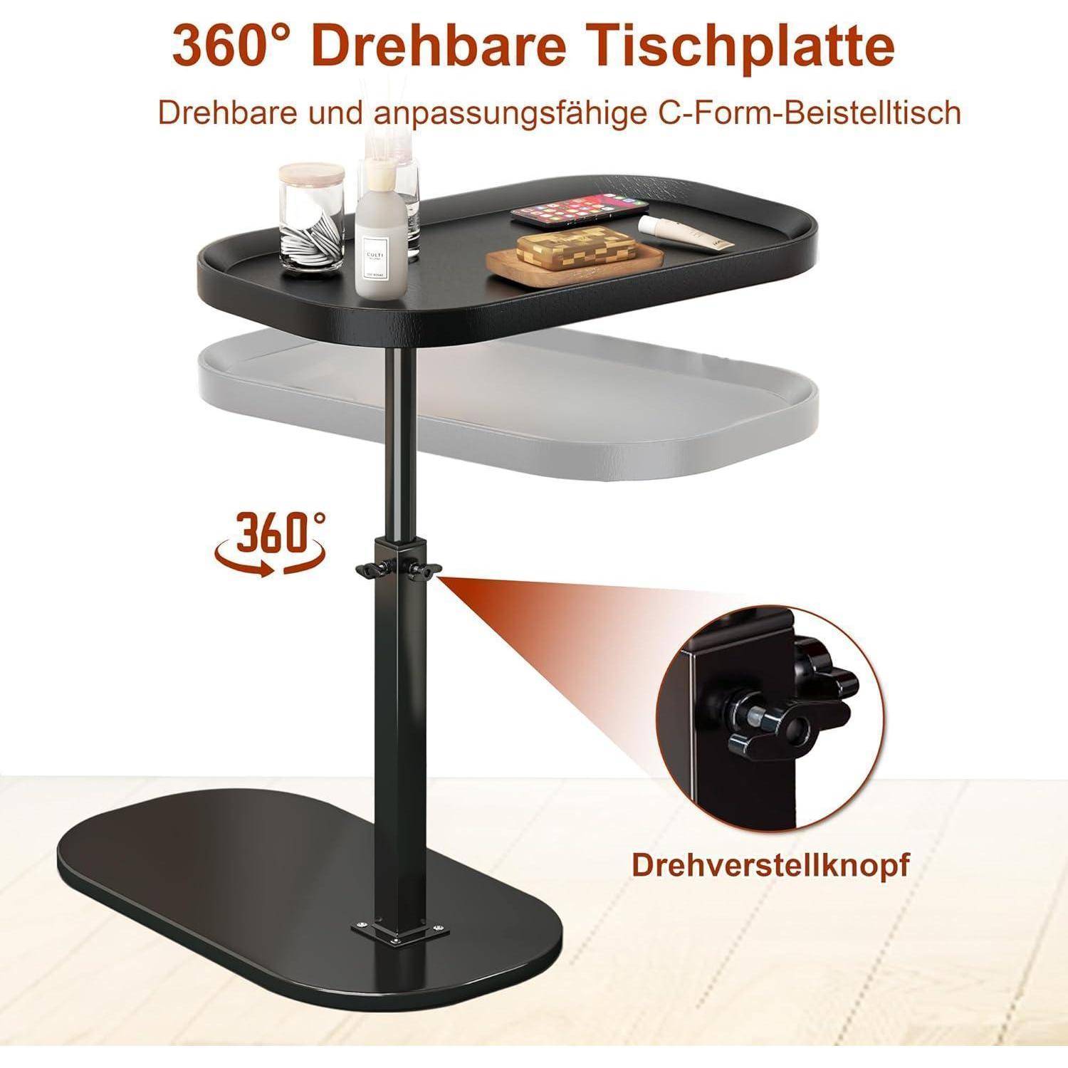 C-förmiger Beistelltisch mit 360° Drehfunktion und verstellbarer Höhe, dargestellt mit unterer Ablage und Nahaufnahme des Verstellknopfs.