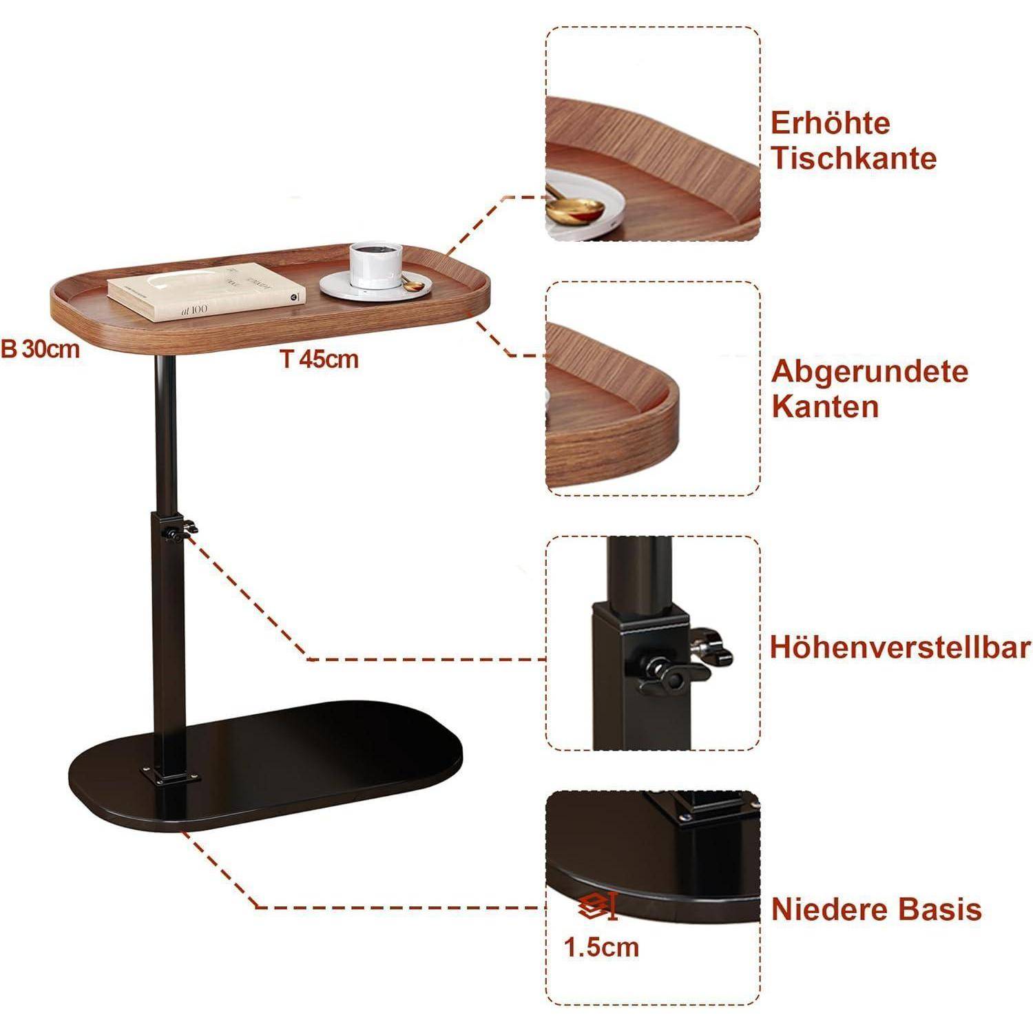 Verstellbarer Beistelltisch mit brauner Holzoptik-Platte und schwarzem Gestell, mit folgenden Funktionen: erhöhter Rand, abgerundete Ecken, Höhenverstellung und 1,5 cm niedriges Gestell.