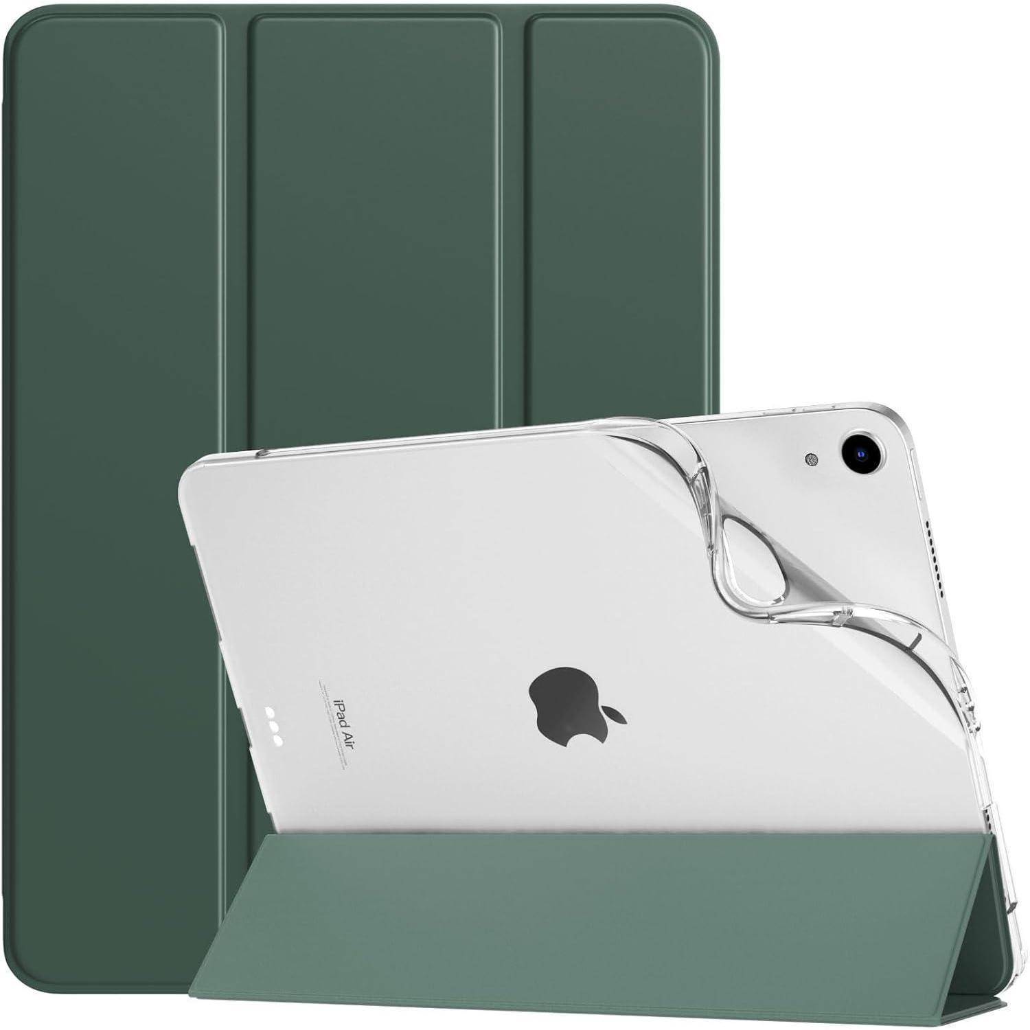 Grüne Folio-Tabletthülle mit transparenter Rückseite für das iPad und vorderer Klappe, die zu einem Ständer gefaltet ist.