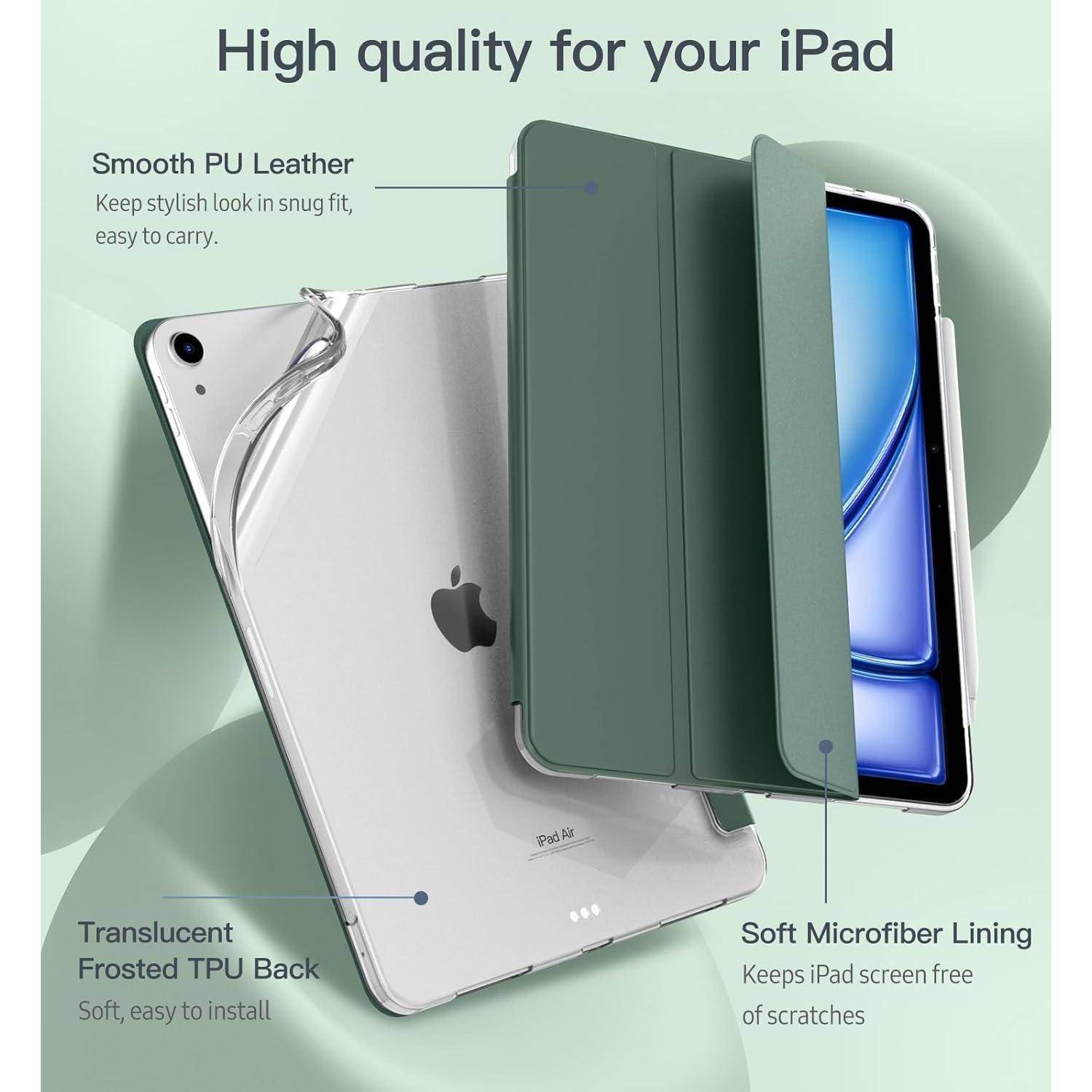 Werbebild einer grünen iPad-Schutzhülle mit Faltmechanismus, die einen klaren TPU-Rücken und Mikrofaser-Futter zeigt; der Text hebt folgende Punkte hervor: „Hochwertig für Ihr iPad", „Glattes PU-Leder"", „Durchscheinender mattierter TPU-Rücken"" und „Weiches Mikrofaser-Futter"".
