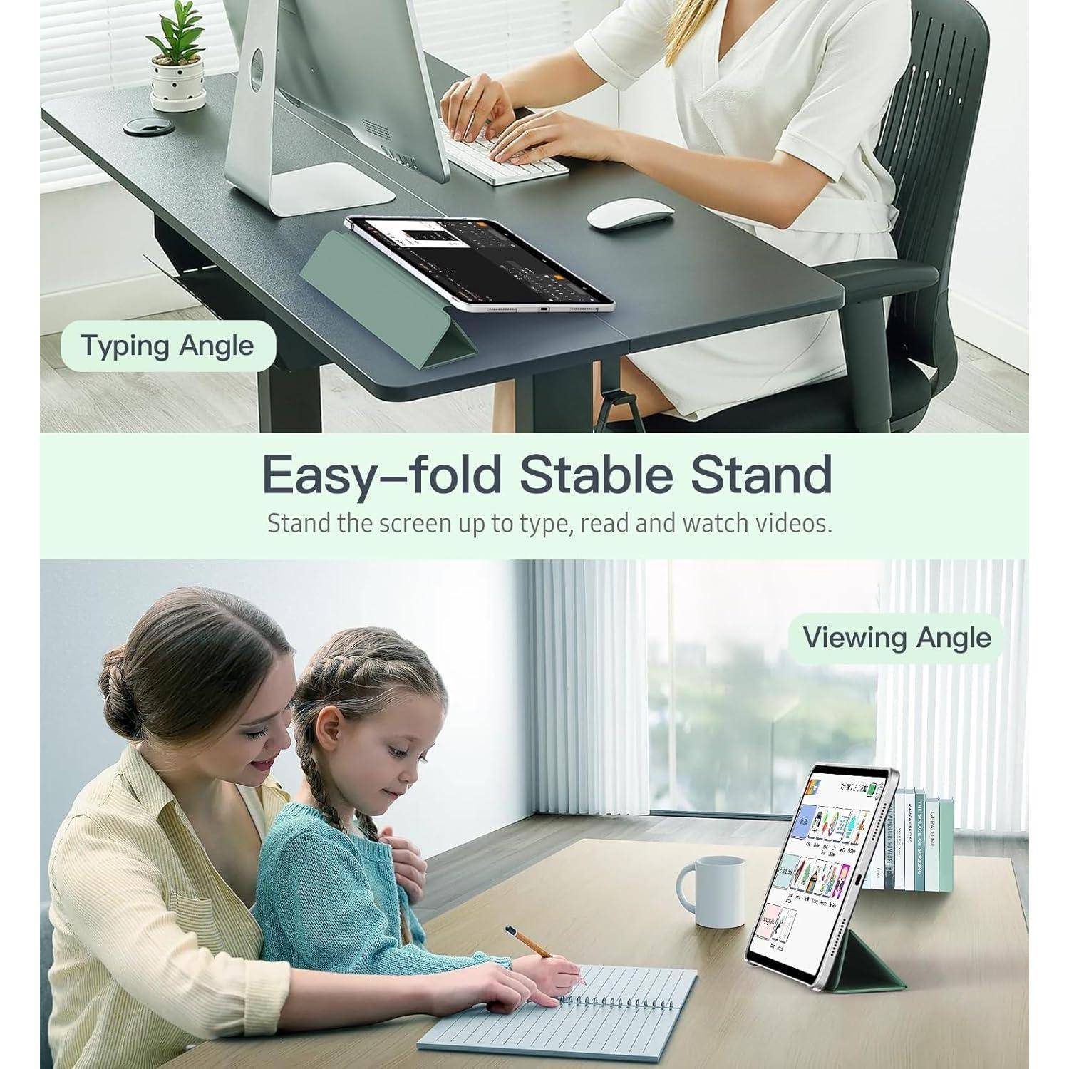Werbegrafik zeigt einen einfach zu faltenden Tablet-Ständer in Schreib- und Betrachtungswinkeln, der mit einem Tablet für die Arbeit oder zum Ansehen von Videos verwendet wird.
