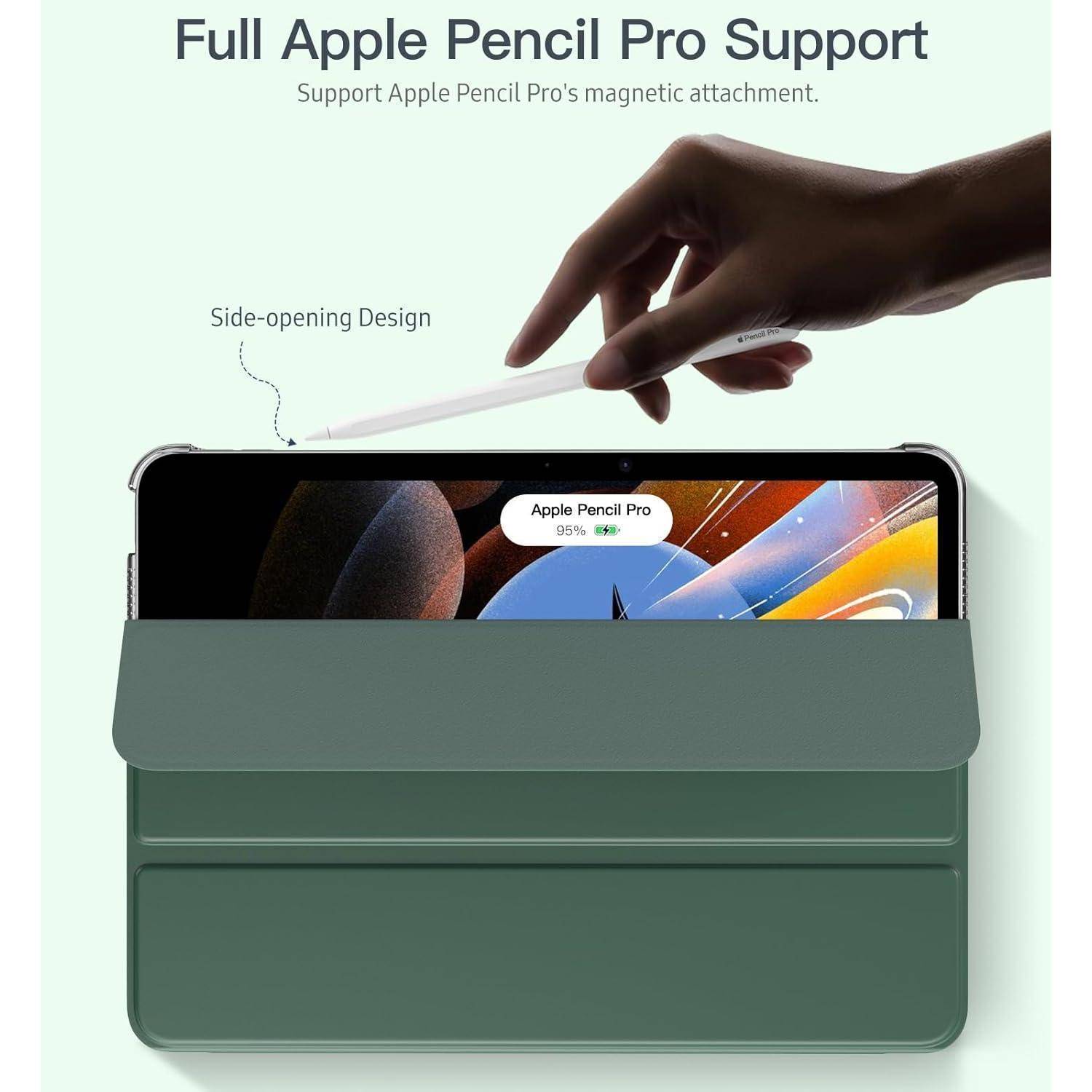Tablet-Hülle mit Seitenöffnungs-Design, das vollständige Unterstützung für Apple Pencil Pro zeigt und magnetische Befestigung; eine Hand platziert den Stylus über dem Tablet.