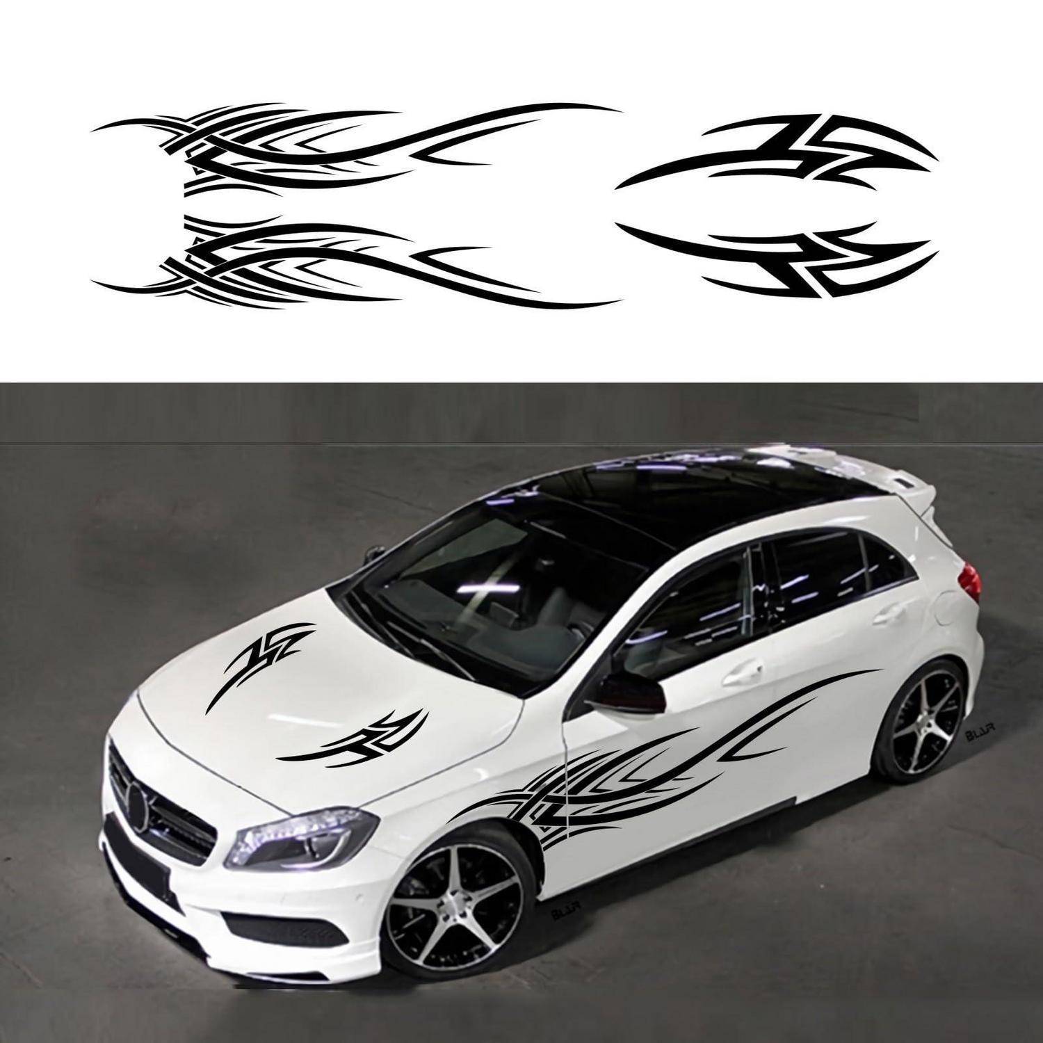 Weißes Schrägheckliauto mit schwarzen Stammes-Dekalen auf der Haube und den Seiten; das obere Bild zeigt passende Dekal-Designs auf weißem Hintergrund.