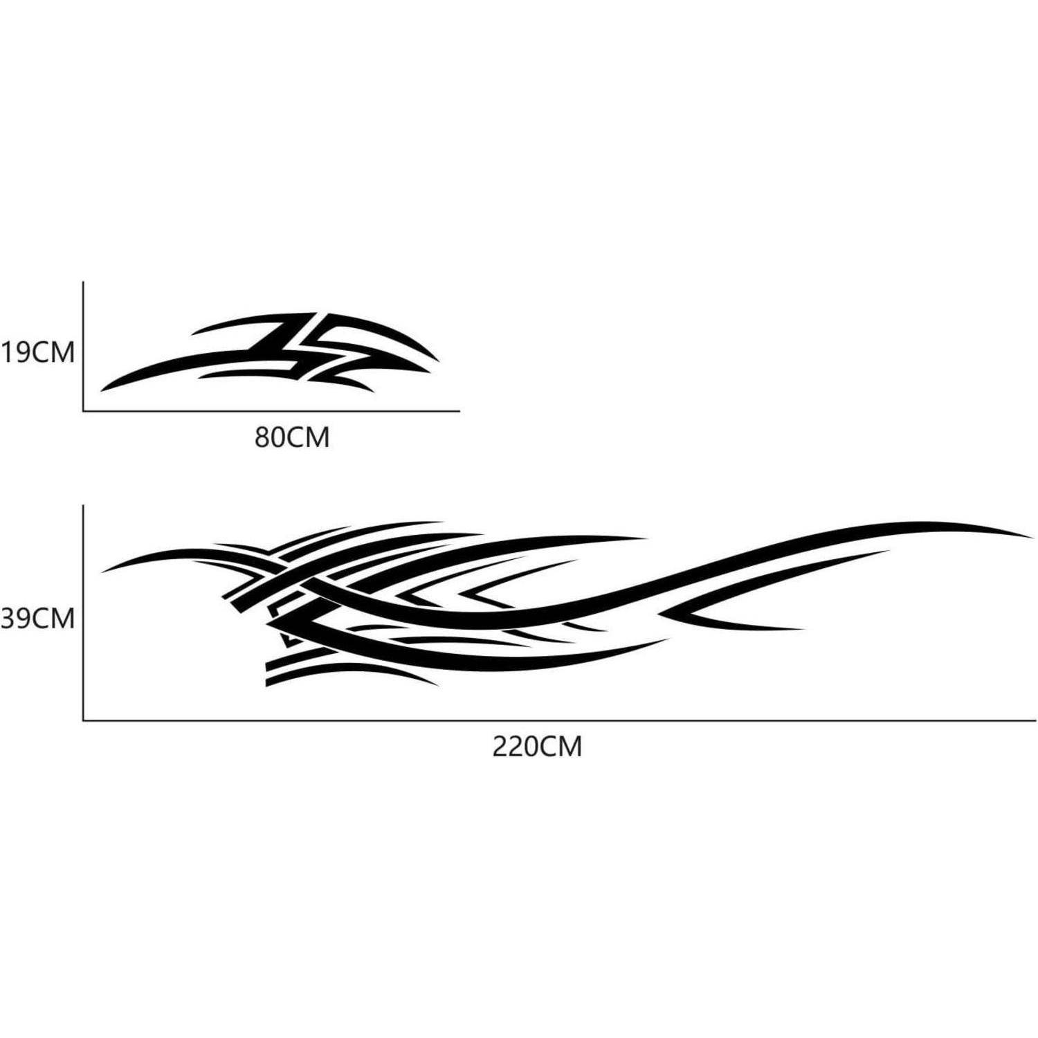 Zwei schwarze Wandtattoo-Designs im Stammessstil gezeigt mit Abmessungen: kleinere 80 cm breit mal 19 cm hoch, größere 220 cm breit mal 39 cm hoch.