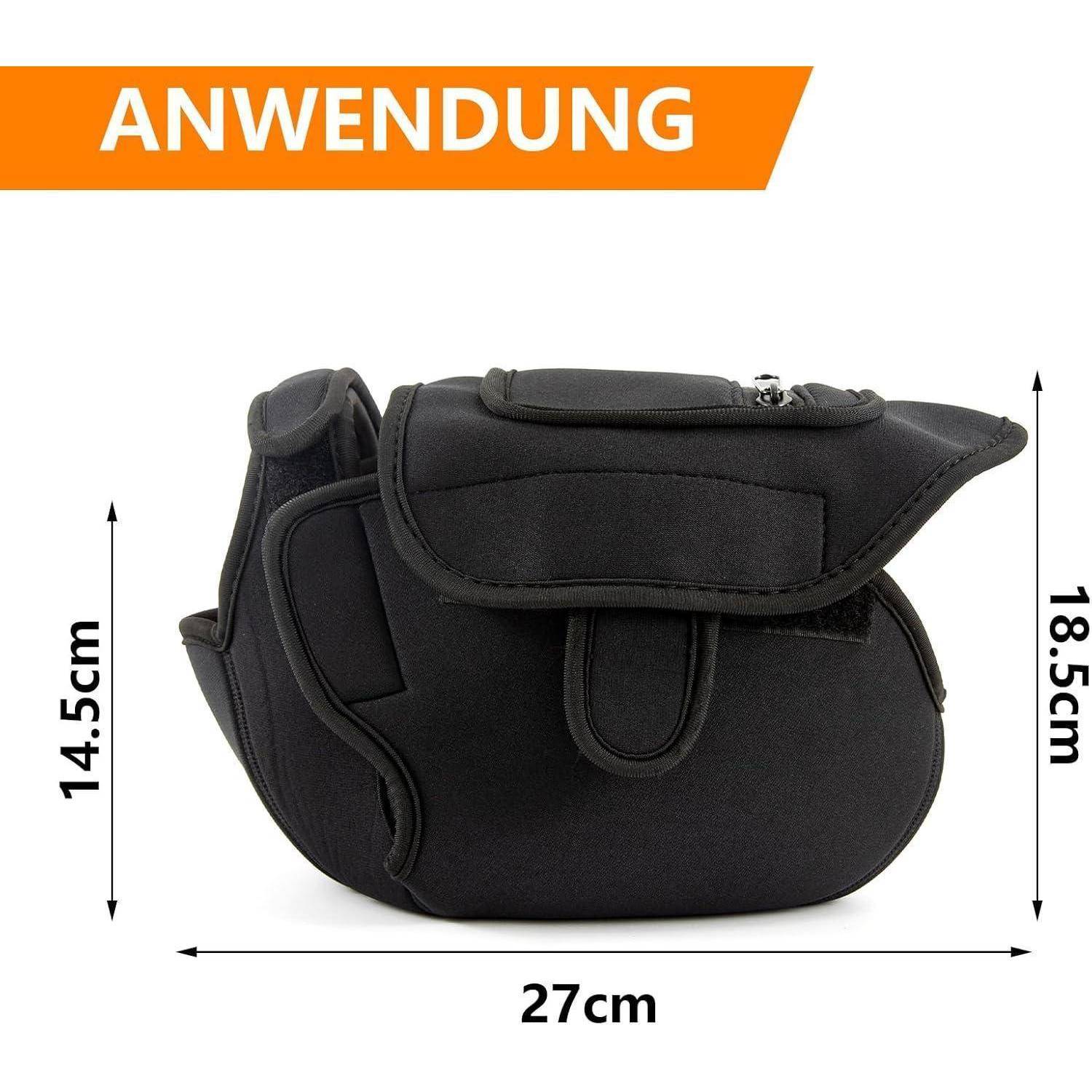 Schwarze Satteltasche mit Abmessungen: 27 cm breit, 18,5 cm hoch, 14,5 cm tief; beschriftet mit „ANWENDUNG".