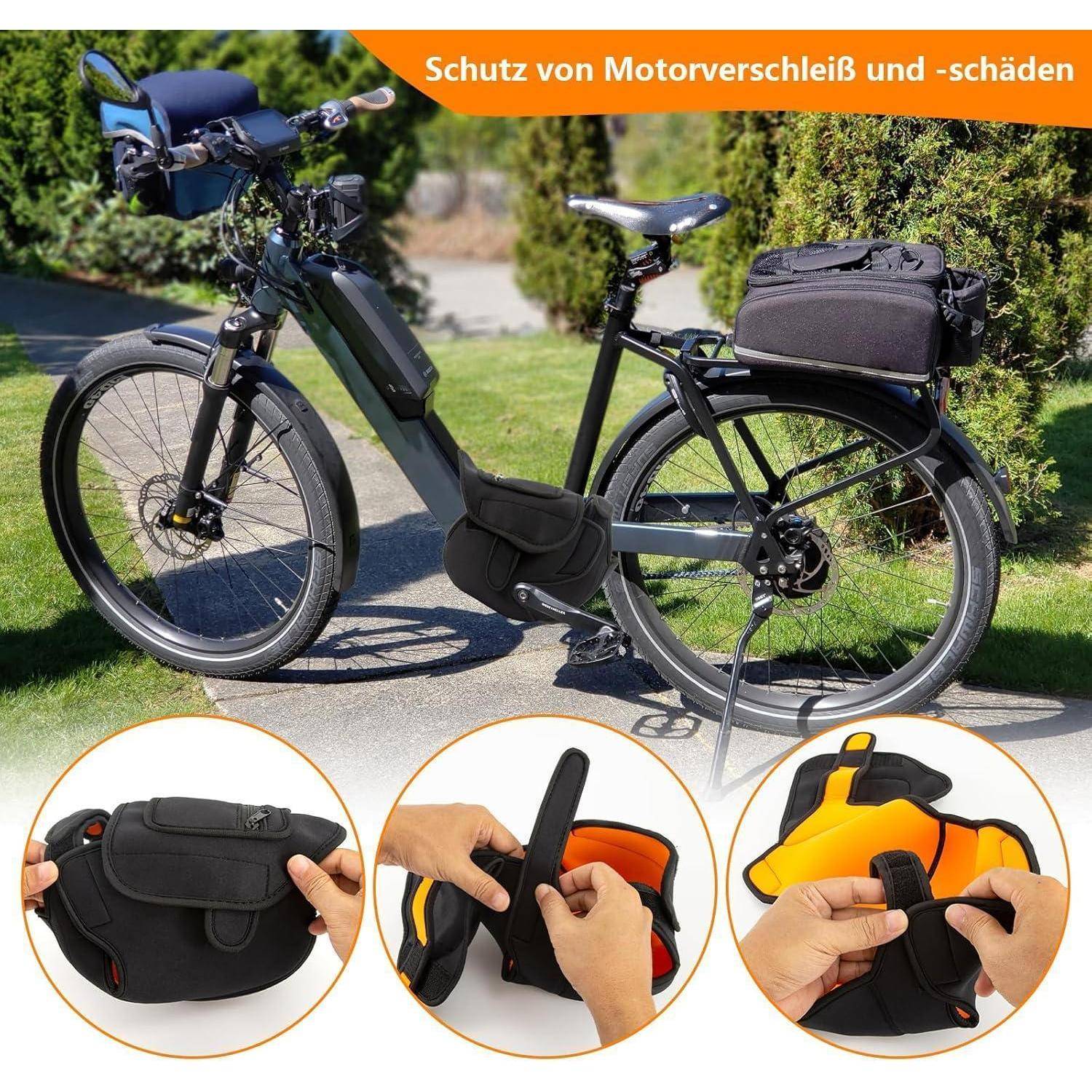 Elektrofahrrad mit schwarzer Motorabdeckung; drei Nahaufnahmen zeigen, wie man die Abdeckung anbringt, mit deutschem Text „Schutz von Motorverschleiß und -schäden".