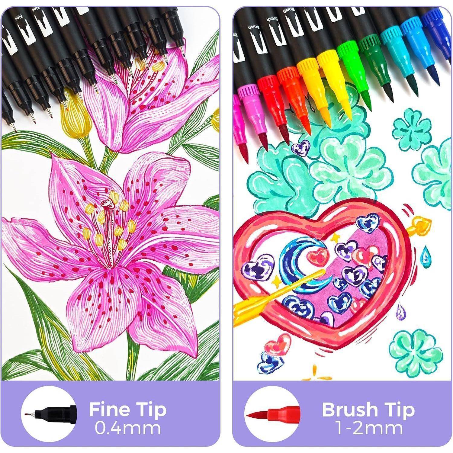 Zwei Arten von Markerstiften werden verglichen: Feinspitze 0,4 mm für detaillierte Blumenzeichnungen und Pinselspitze 1-2 mm für kräftige, farbenfrohe Herzkunst.