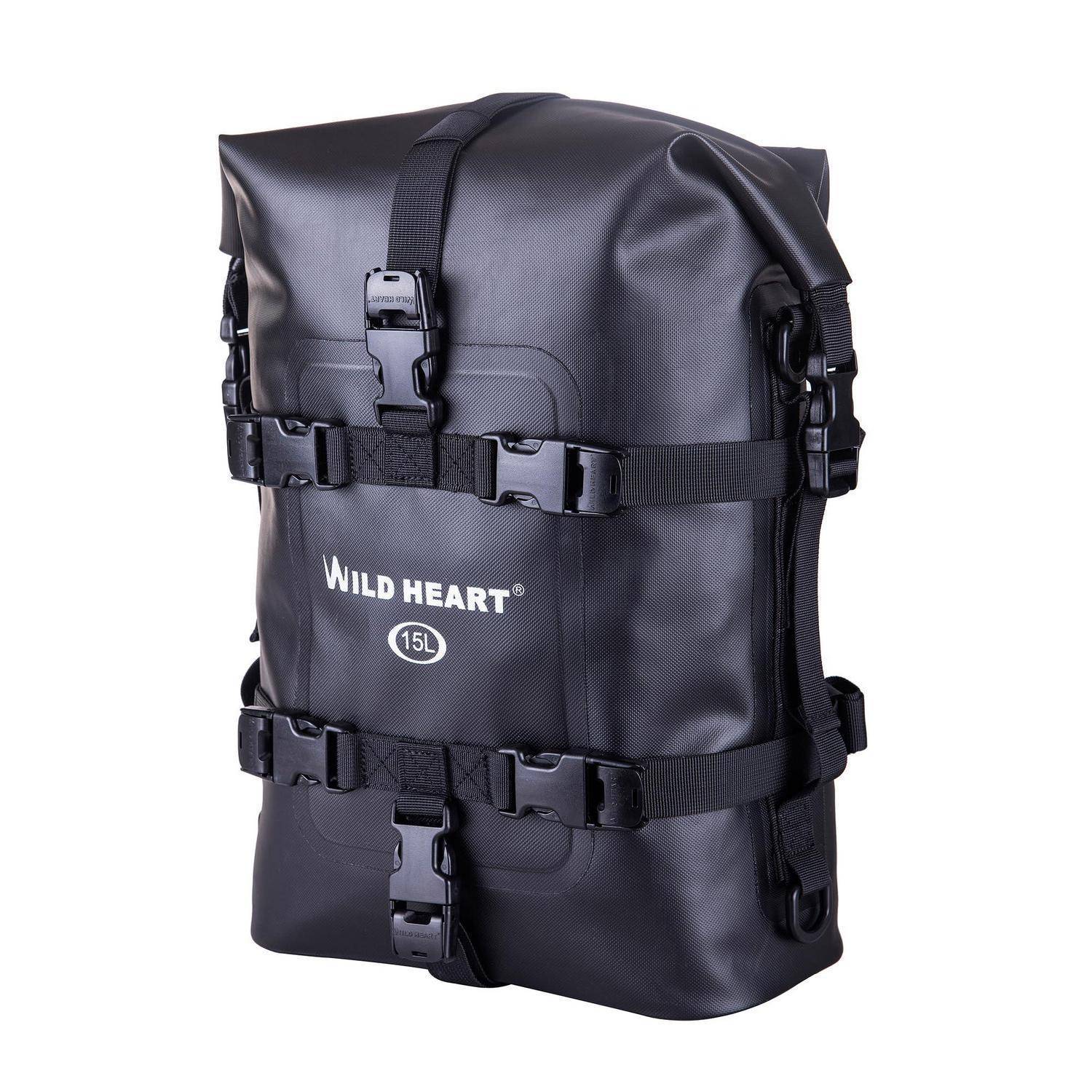 Schwarzer wasserdichter Rucksack mit Rolltop-Verschluss und Schnallen, Marke 
