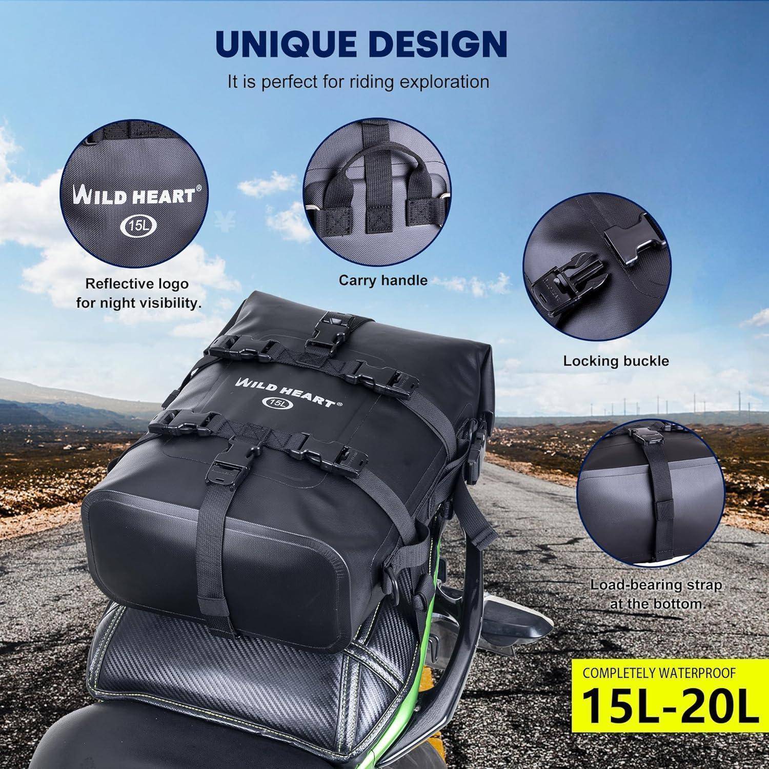 Wasserdichte Wild Heart 15L-20L Motorrad-Hecktasche auf einem Fahrradsattel, mit Hinweisen auf reflektierendes Logo, Tragegriff, Verriegelungsschnalle und unterer Beladeriemen.