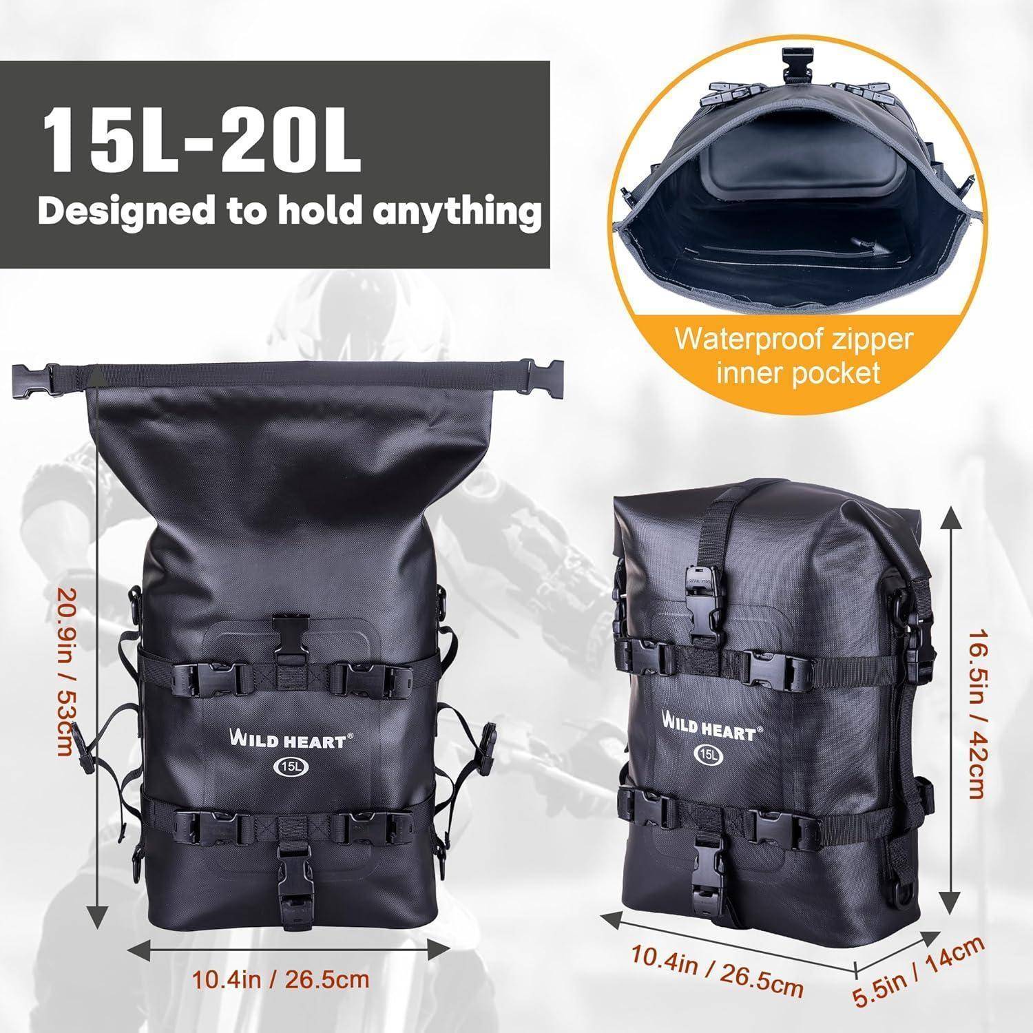 Produktdiagramm eines schwarzen Rucksacks mit Rollverschluss, gekennzeichnet mit 15L–20L, zeigt Abmessungen, Front- und Seitenansichten sowie eine wasserdichte Reißverschlusstasche innen.