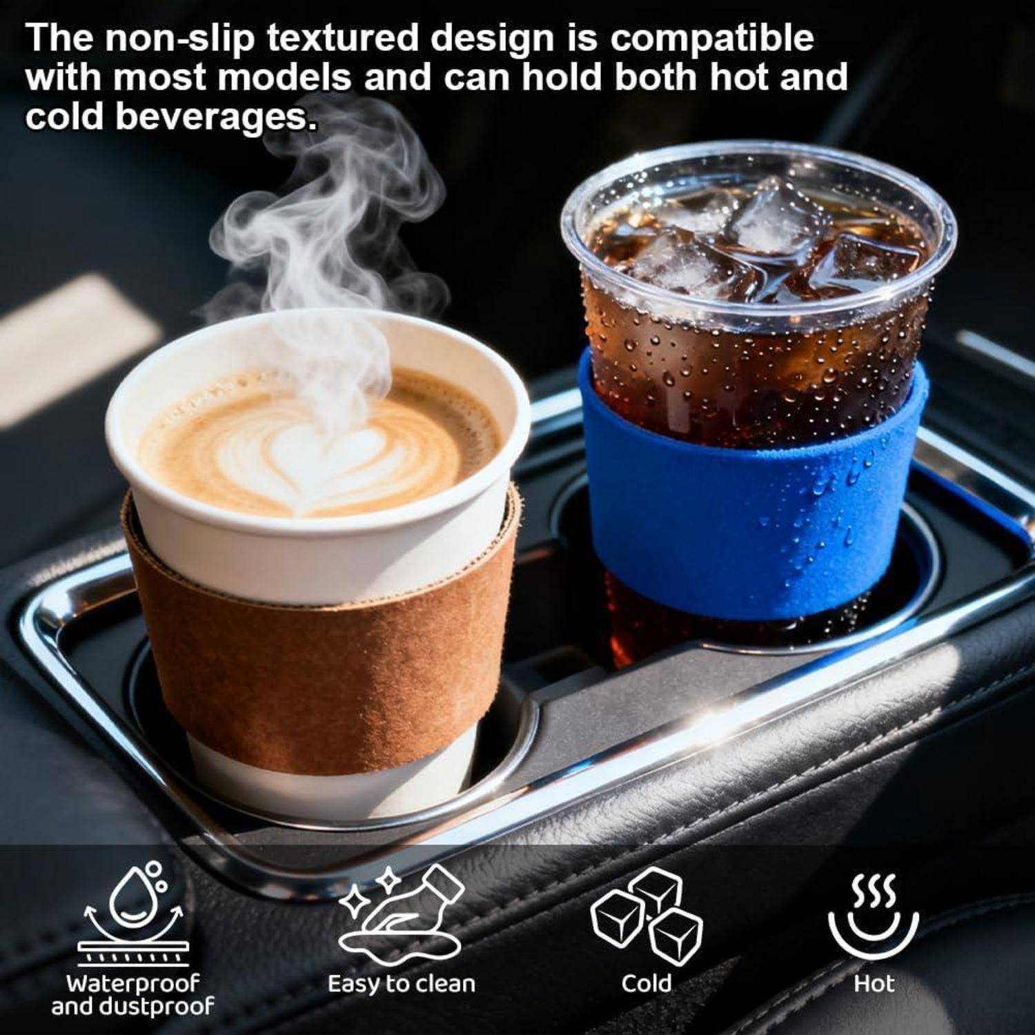 Isolierte Getränkehalter-Ablage für Autos, die einen dampfenden Kaffee und ein eisgekühltes Getränk hält, mit Text, der besagt, dass das rutschfeste strukturierte Design zu den meisten Modellen passt und heiße oder kalte Getränke hält.