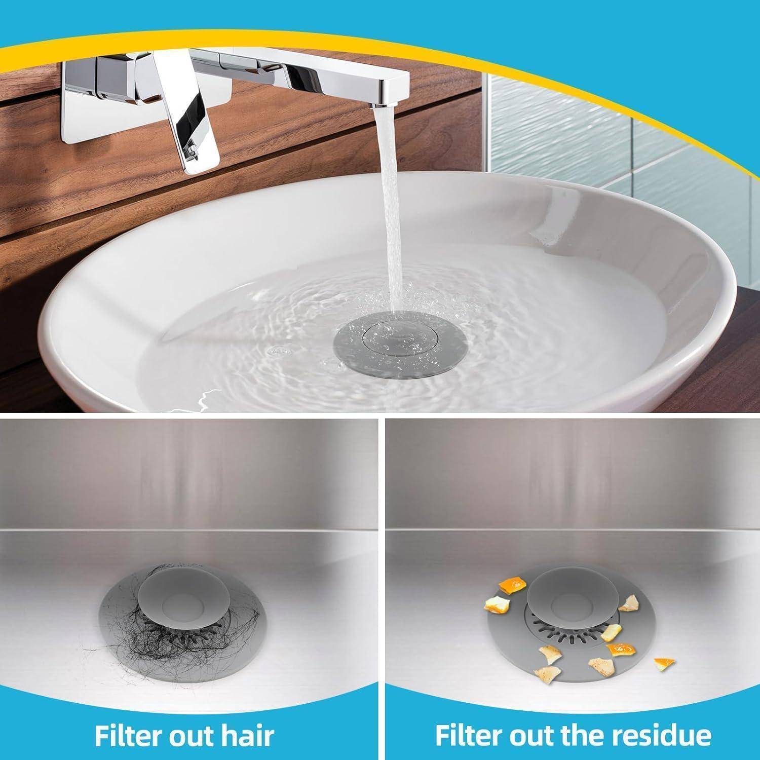 Badezimmer-Waschbeckenablauf-Filter fängt Haare und Rückstände unter dem laufenden Wasserhahn auf, mit vorher-nachher Nahaufnahmen und dem Text „Haare filtern