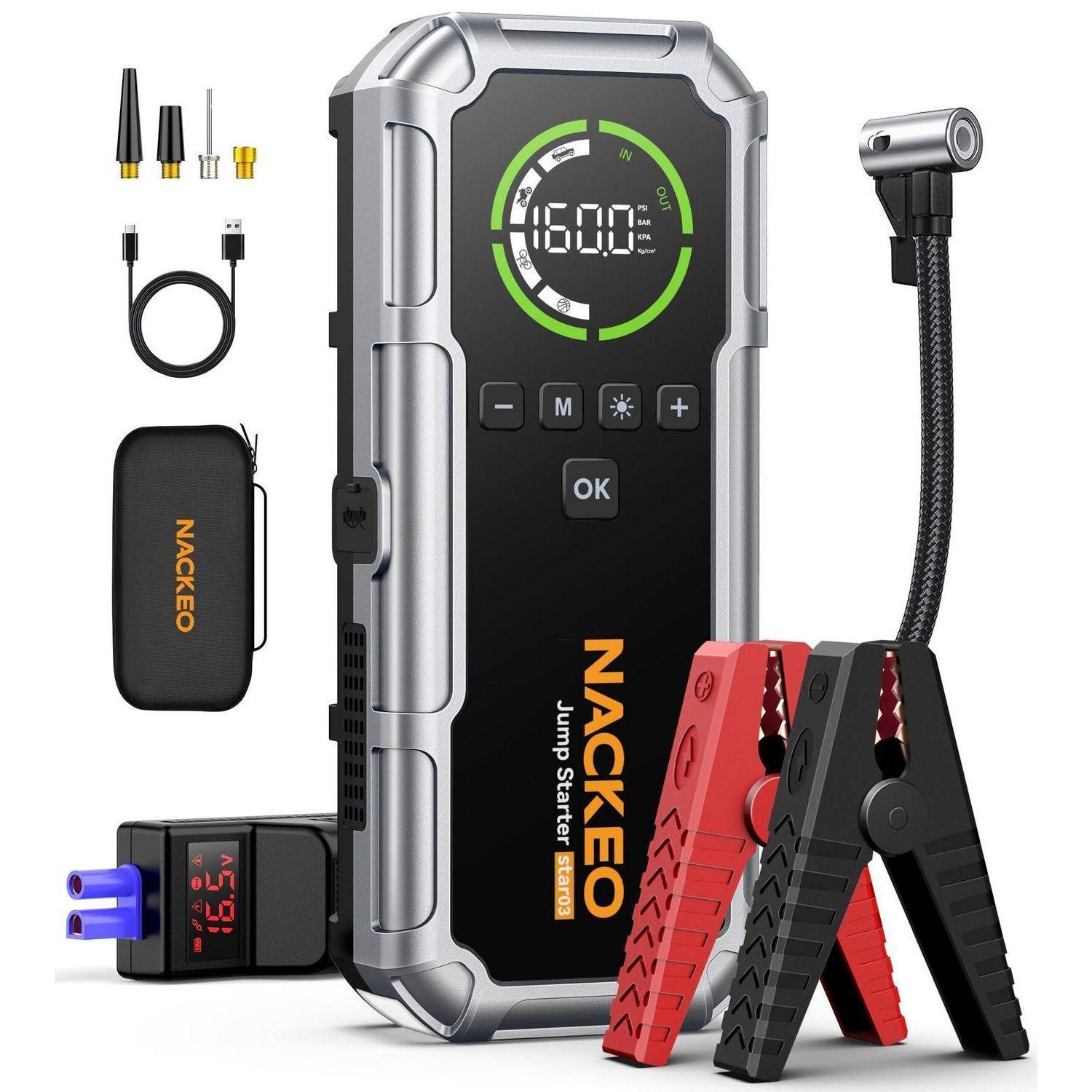 Tragbares NACKEO-Starthilfegerät mit Klemmen, USB-Kabel, Luftpumpenadaptern, Tragetasche und digitaler Anzeige mit 1600A.