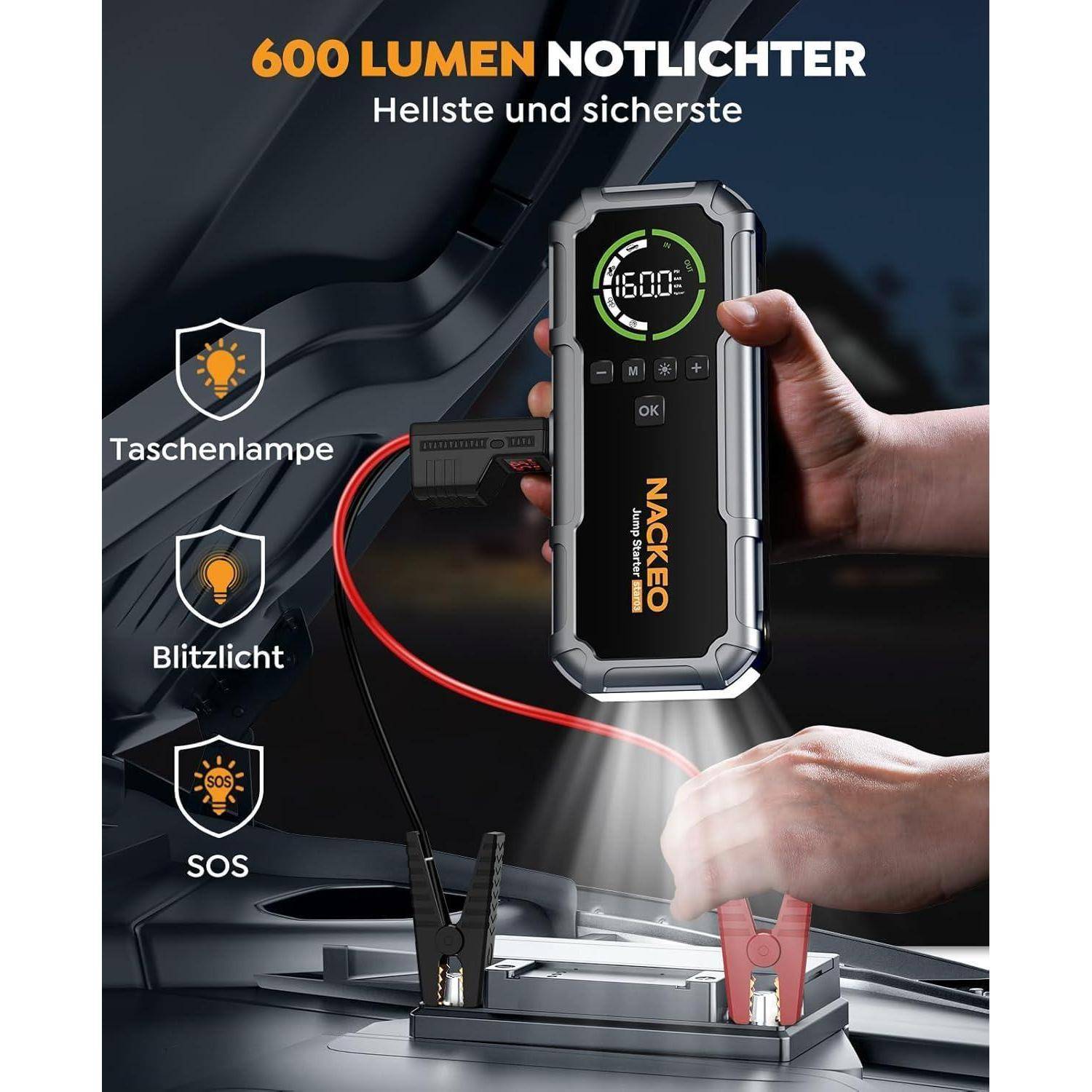 Anzeige für eine NACKEO 600-Lumen-Notfall-Taschenlampe mit digitalem Display, die die Funktionen 
