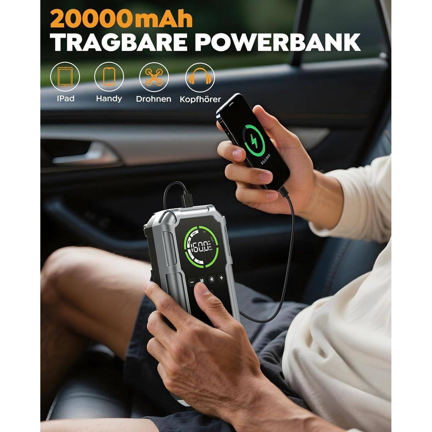 Anzeige für eine 20000-mAh robuste Powerbank, die ein Smartphone lädt; Symbole zeigen, dass sie iPad, Telefon, Drohne und Kopfhörer unterstützt.