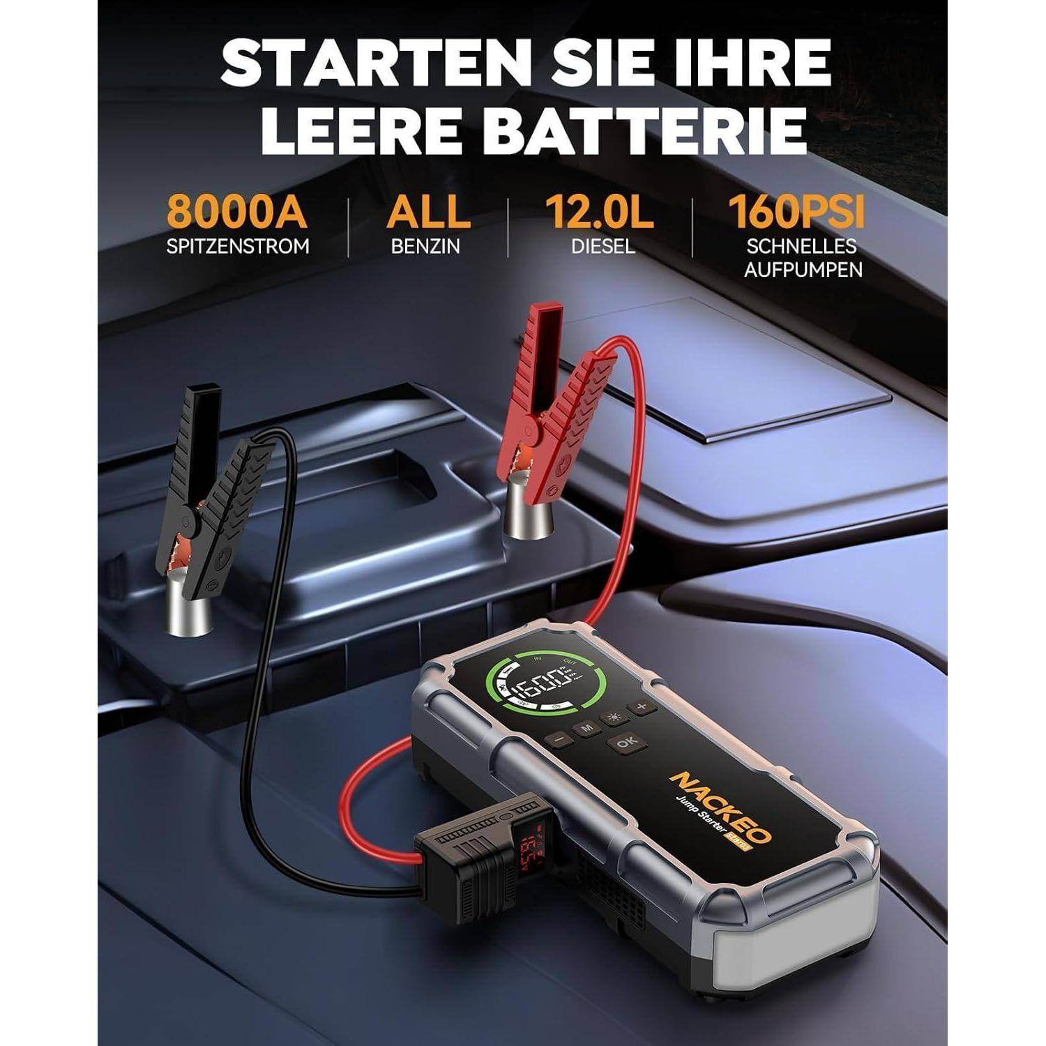 Tragbare Starthilfeklemmen verbunden mit einer Autobatterie, mit deutschem Werbetext für 8000A Spitzenstrom, Unterstützung für Benzin- und Dieselfahrzeuge und 160 PSI Luftpumpe.