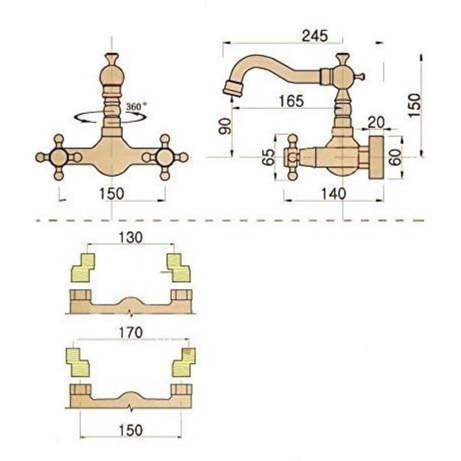 Technisches Diagramm eines Kreuzhahn-Wasserhahns und wandmontierten Wasserhahns mit beschrifteten Abmessungen und 360°-Rotation, plus Montagequersch nitt-Abmessungen unten.
