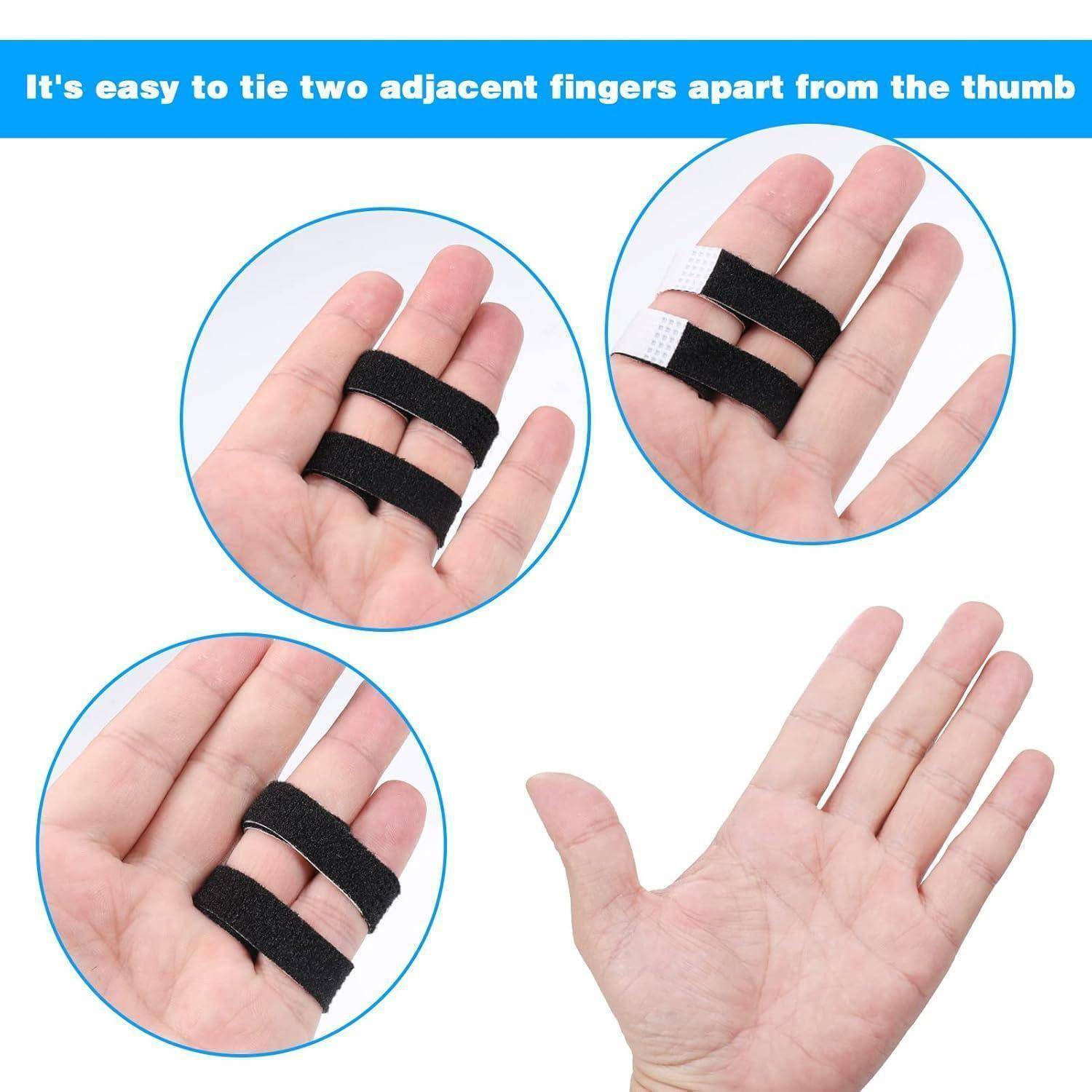 Lehrbild, das zwei schwarze Fingerschlaufen zeigt, die benachbarte Finger zusammenbinden, mit dem Text: „Es ist einfach, zwei benachbarte Finger abgesehen vom Daumen zusammenzubinden".