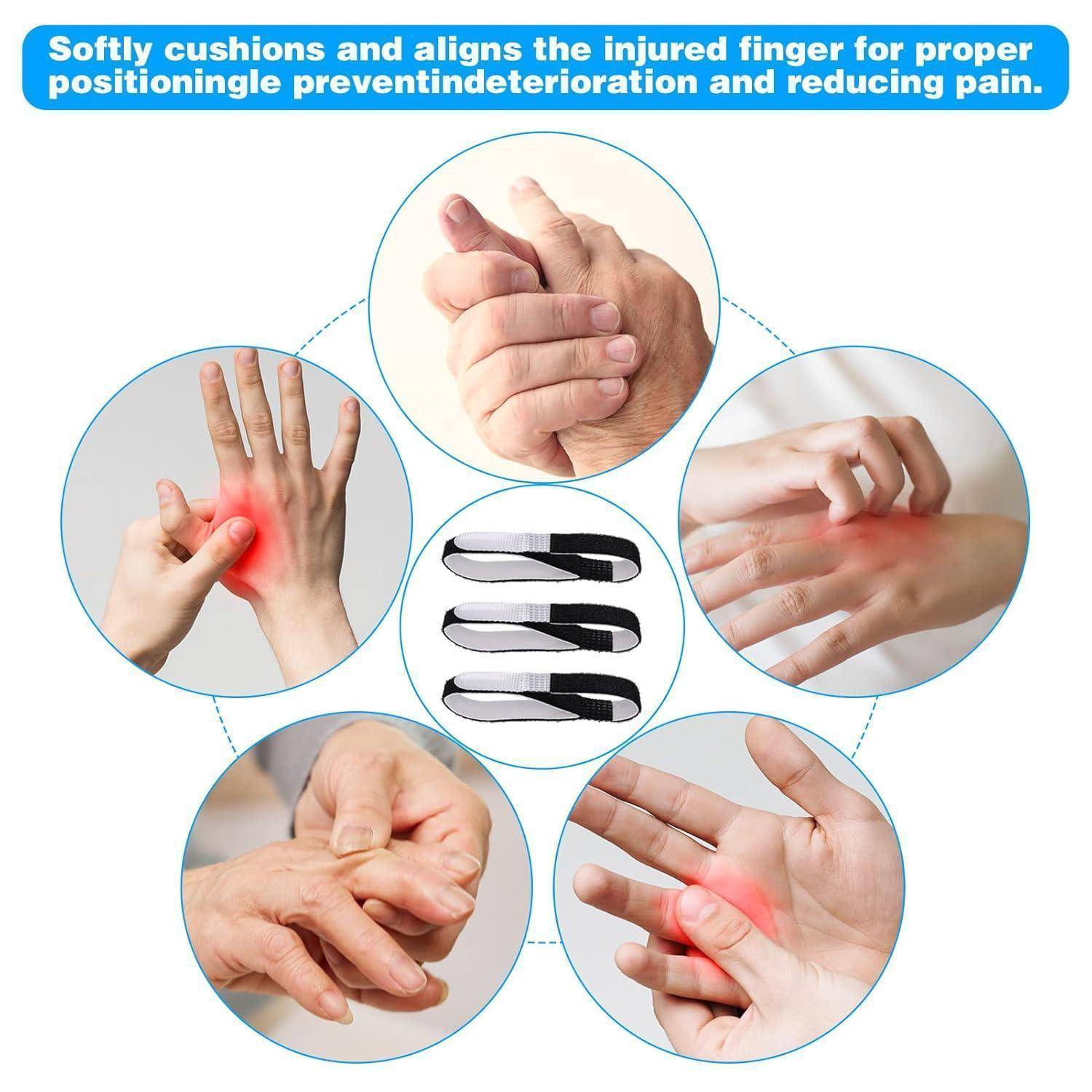 Illustration von Fingerschienen und Handunterstützungspositionen zur Schmerzlinderung und korrekten Positionierung eines verletzten Fingers.