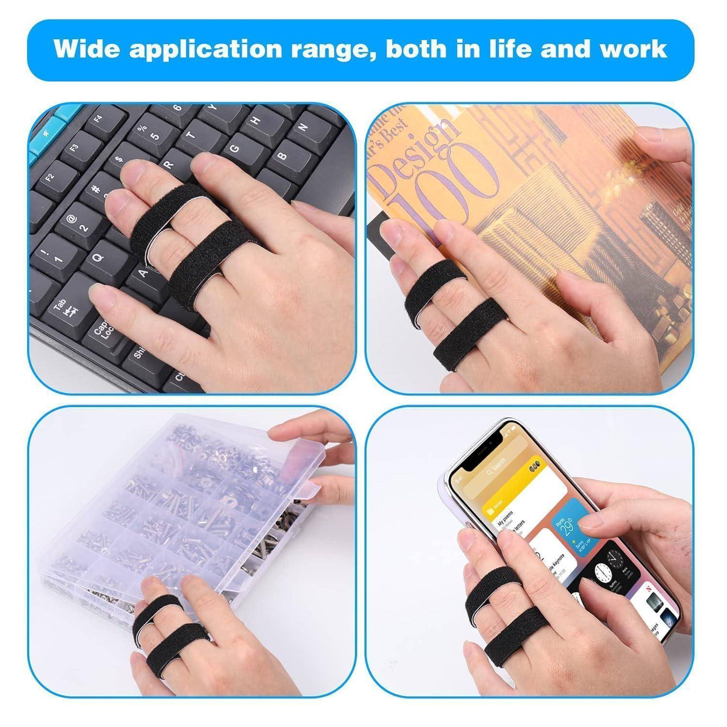 Collage zeigt einen wiederverwendbaren Fingerhaltegriff auf Händen zum Tippen auf einer Tastatur, zum Halten von Papieren, zum Organisieren von Post und zur Nutzung eines Smartphones.