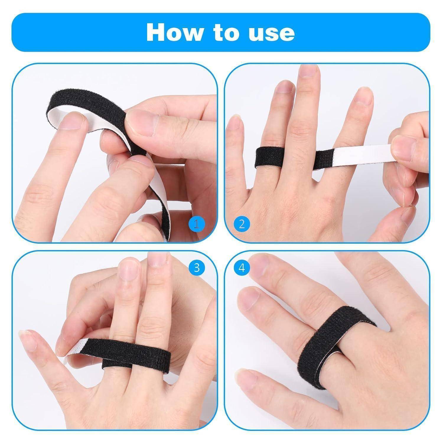 Anleitung betitelt „Verwendungsanleitung" mit vier Schritten zum Umwickeln eines schwarzen Fingerbandes um zwei Finger und zum Fixieren an Ort und Stelle.