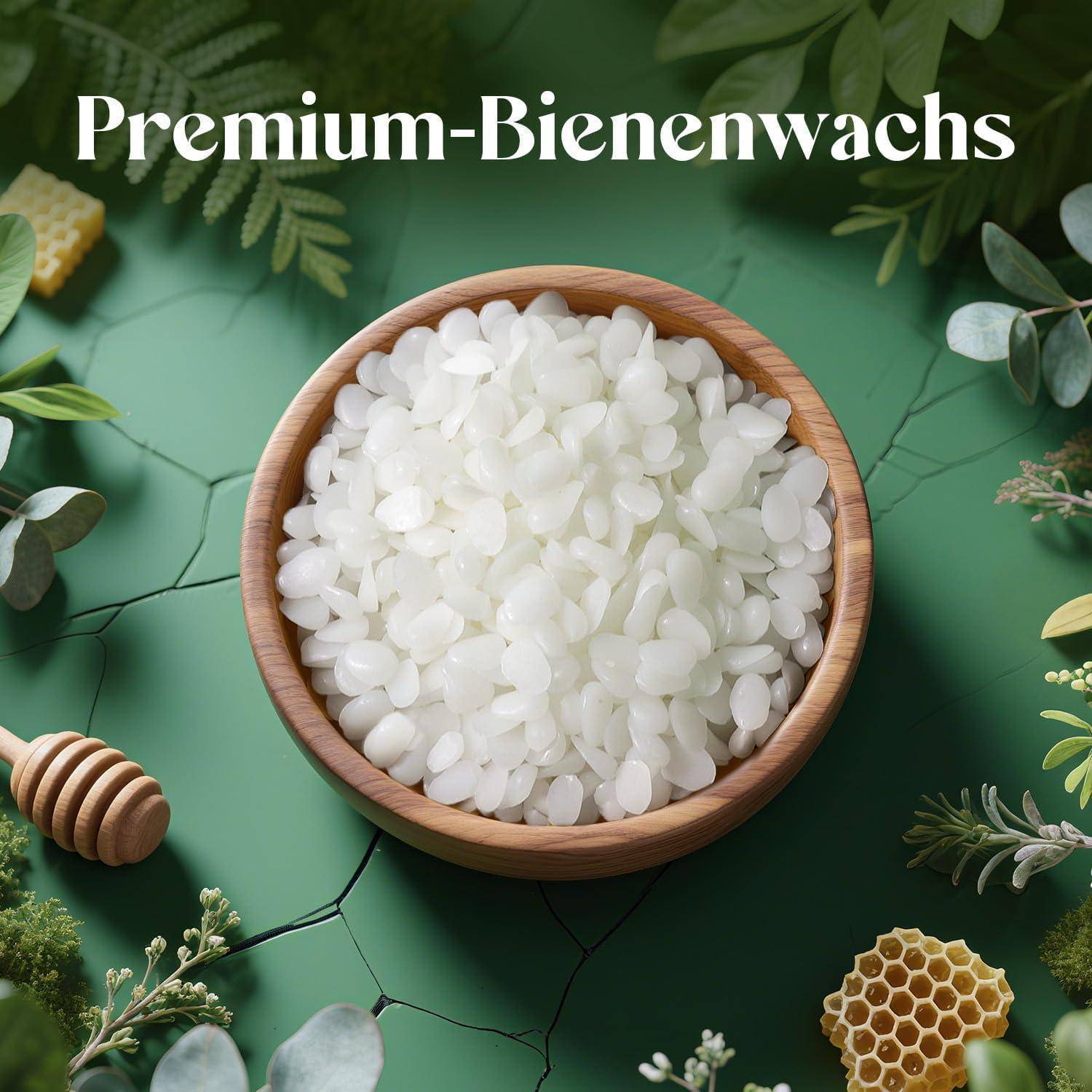 Schüssel mit weißen Bienenwachspellets mit der Aufschrift „Premium-Bienenwachs