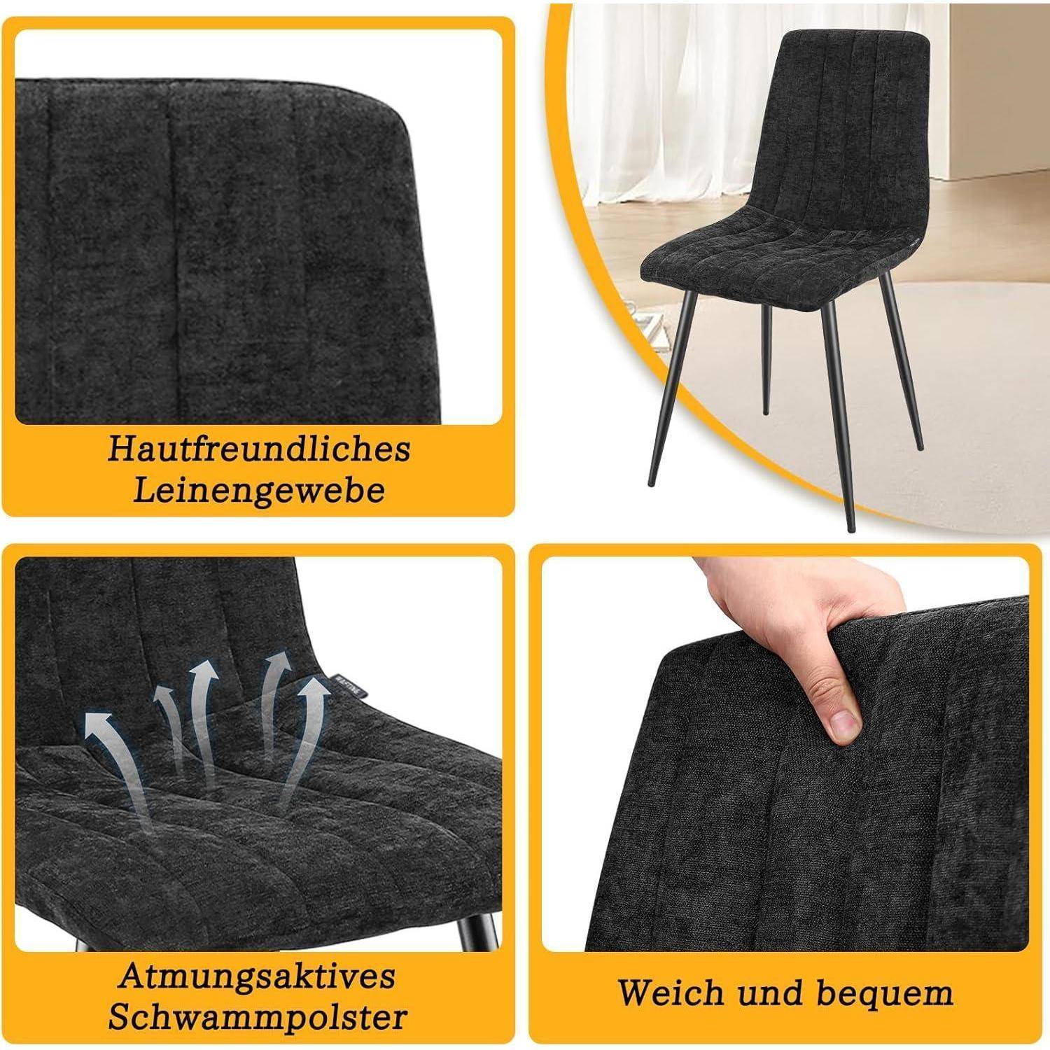 Schwarzer gepolsterter Esszimmerstuhl mit schwarzen Metallbeinen, gezeigt mit Nahaufnahmen, die hautfreundliches Leinenstoff, atmungsaktive Polsterung und weichen Komfort hervorheben.