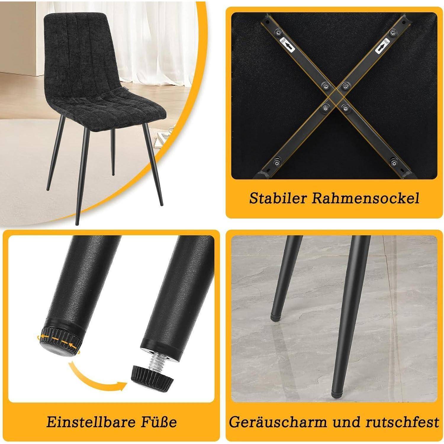 Produktbild eines schwarz gepolsterten Stuhls mit schlanken Metallbeinen, das einen stabilen Rahmen, verstellbare Füße und einen ruhigen, rutschfesten Bodenschutz hervorhebt.