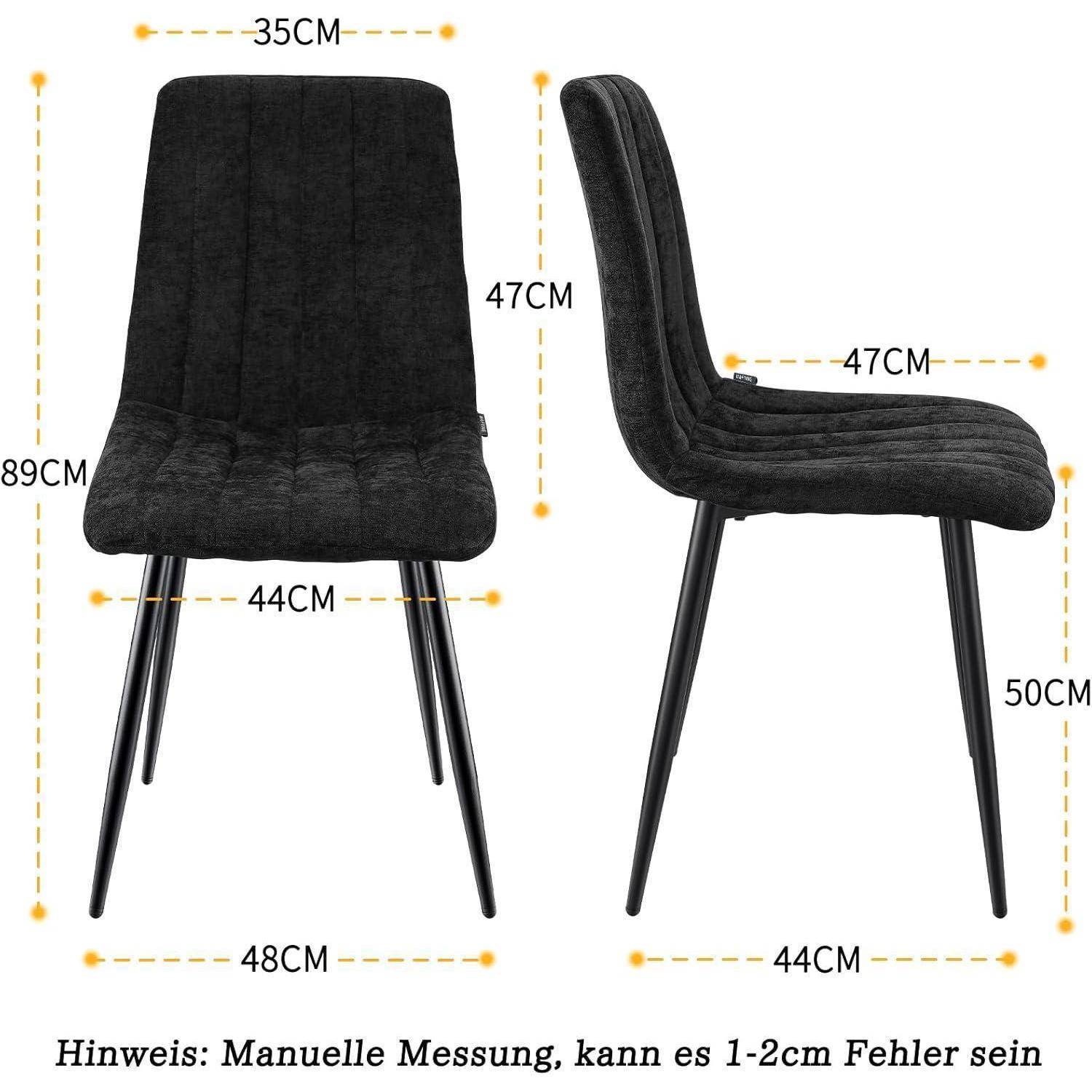 Schwarzer gepolsterter Esszimmerstuhl in Vorder- und Seitenansicht mit Abmessungen: 89 cm Höhe, 35 cm Sitzflächenbreite, 47 cm Sitzflächentiefe, 48 cm Gesamtbreite.