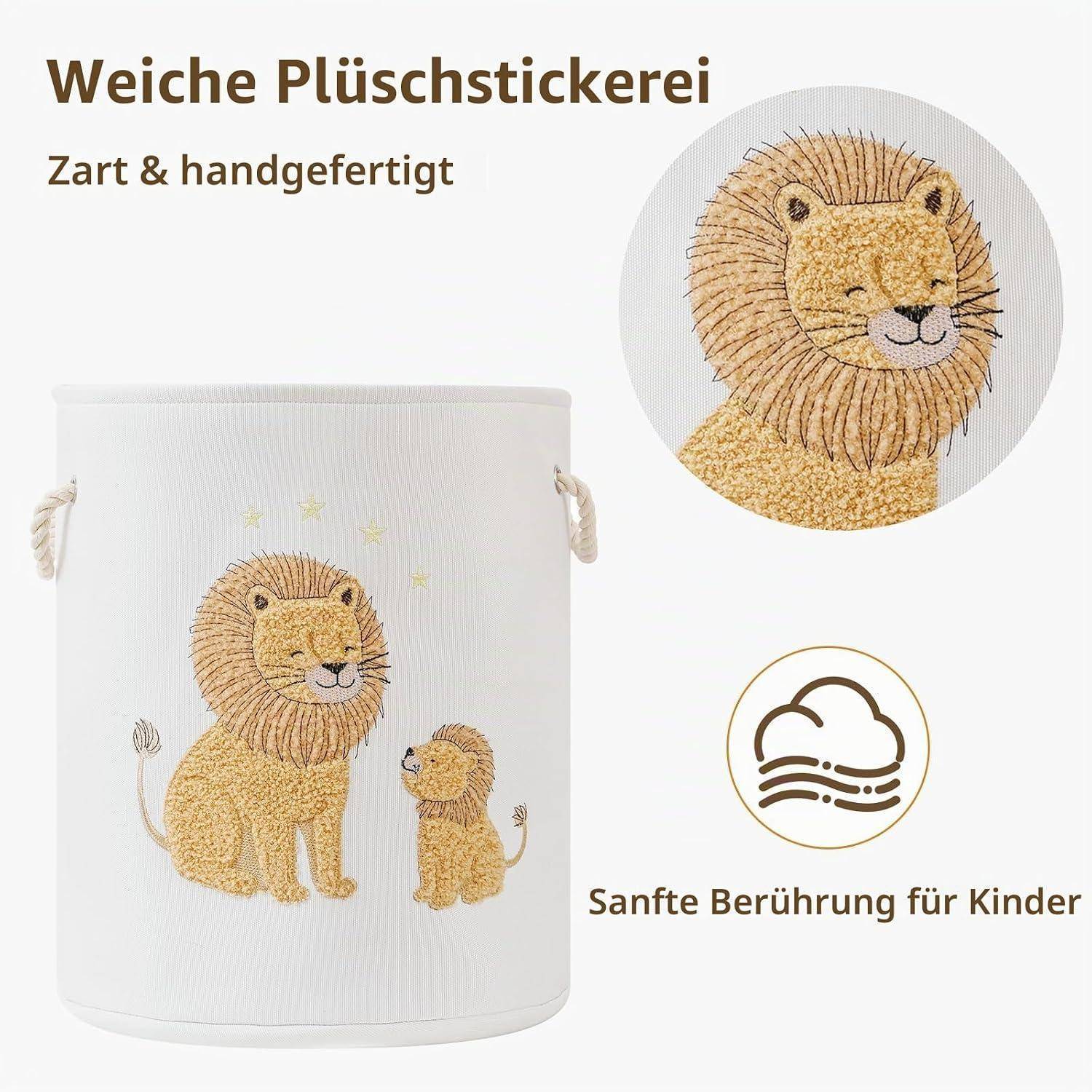 Weißer Stoff-Aufbewahrungskorb mit Löwenstickerei und den Texten 
