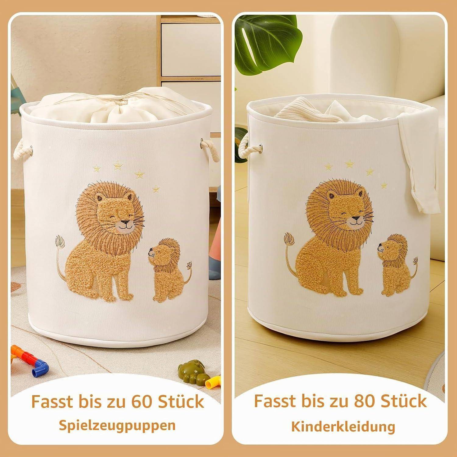 Nebeneinander-Vergleich eines weißen Aufbewahrungskorbs mit Löwen-Illustration: links fasst bis zu 60 Spielzeugpuppen, rechts bis zu 80 Teile Kinderkleidung.