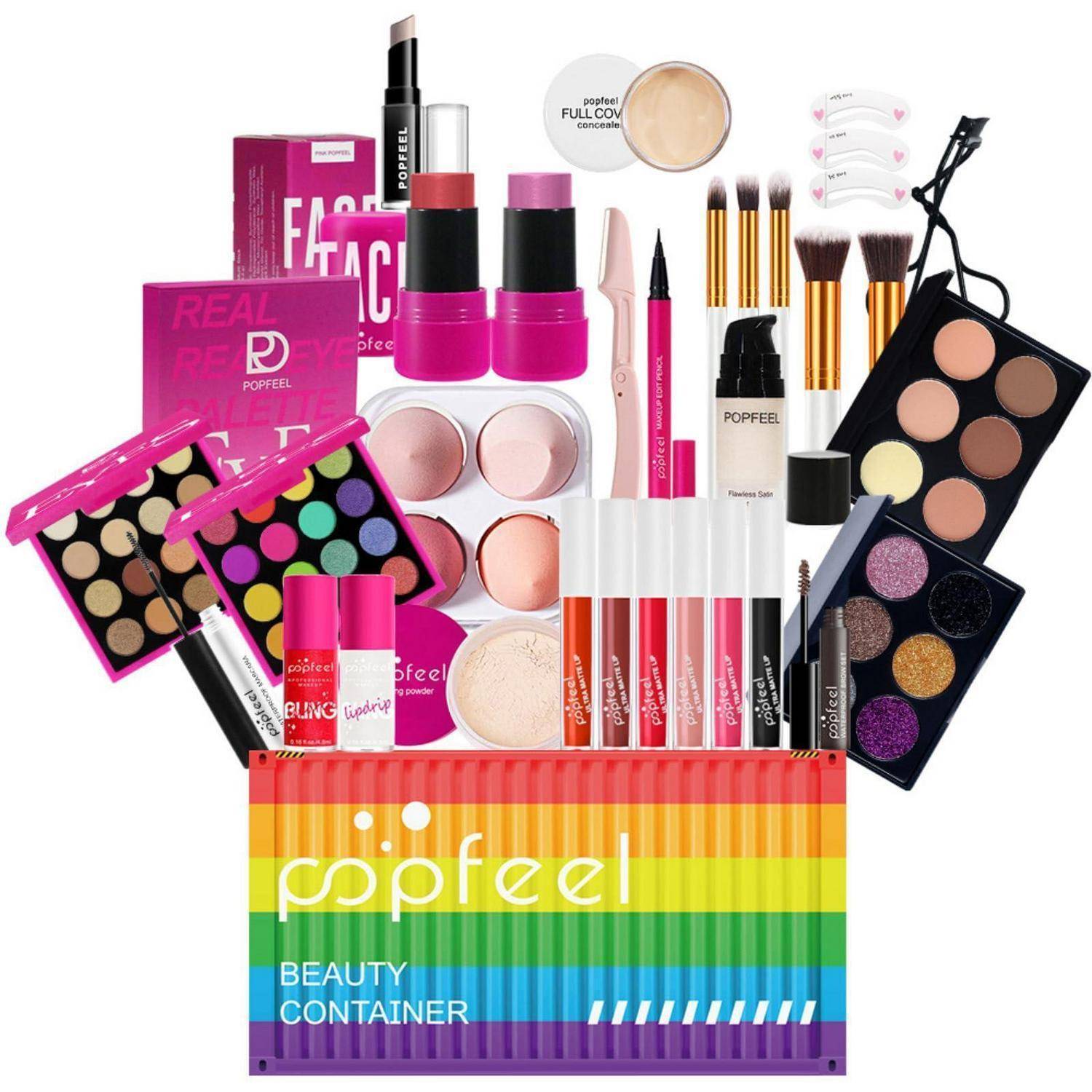 Sortierte Popfeel-Kosmetikkollektion, bestehend aus Lippenstiften, Eyeliner, Pinseln, Lidschatten, Foundations und Kompaktpudern, angeordnet über einer regenbogenfarbenen „BEAUTY CONTAINER