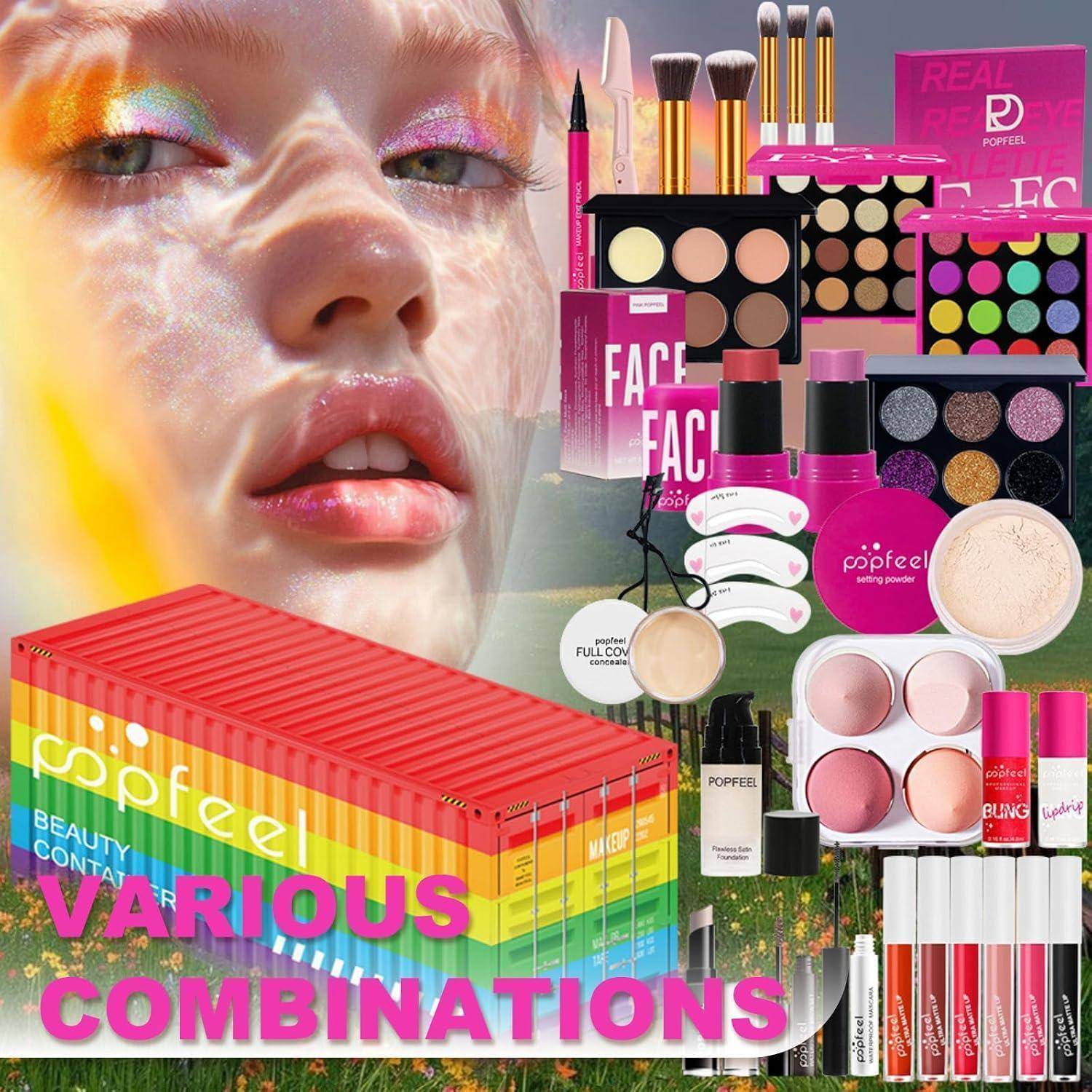 Werbe-Collage von Popfeel-Make-up-Produkten und dem Gesicht eines Modells, mit dem Text „VERSCHIEDENE KOMBINATIONEN