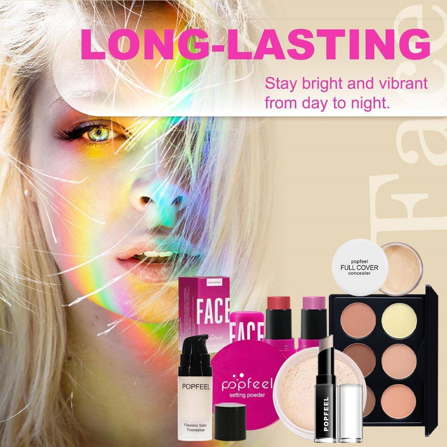 Kosmetikanzeige mit dem Gesicht einer Frau und Regenbogenlicht, die POPFEEL-Make-up-Produkte zeigt und den Slogan „LANGANHALTEND