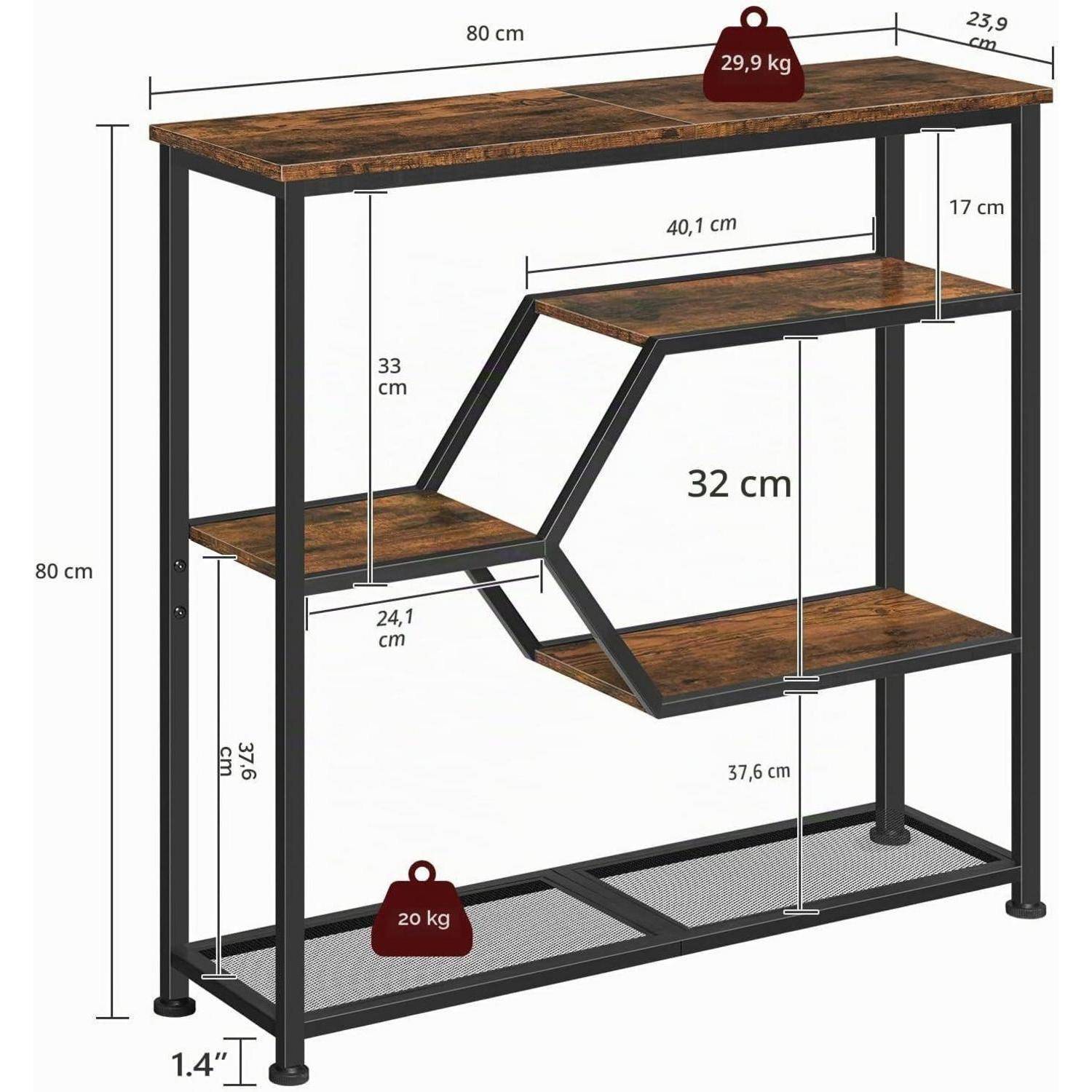 Regal im Industriestil mit schwarzem Metallrahmen und Holzregalen, zeigt Abmessungen von 80 cm Höhe, 80 cm Breite und 23,9 cm Tiefe, sowie Gewichtsgrenzen von 29,9 kg oben und 20 kg unten.