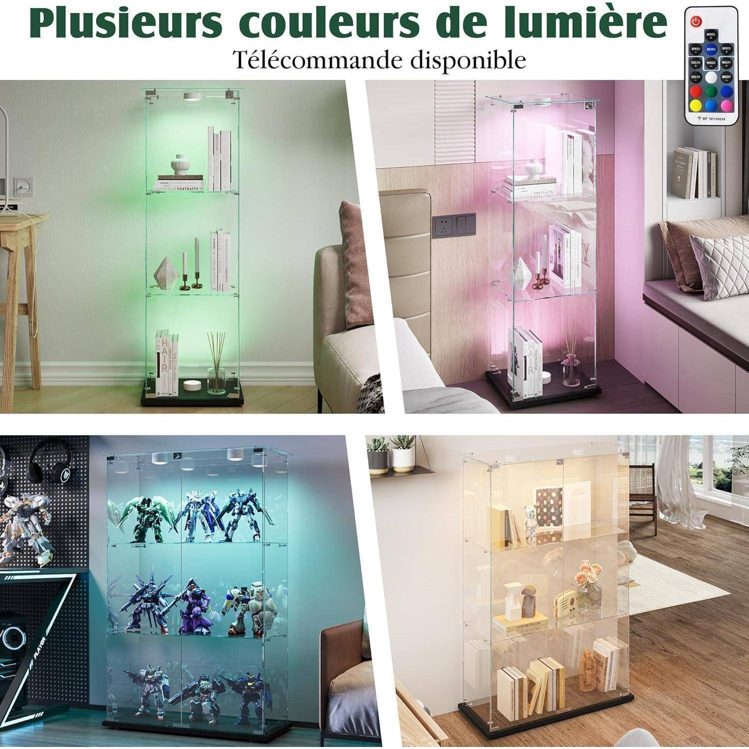 Vitrine aus Glas, modern, aus Glas, 3 Schichten, mit mehrfarbigem LED-Licht, Vitrine, Sammlervitrine, für Handwerk, Wohnzimmer, Bücher (Schwarz, 2