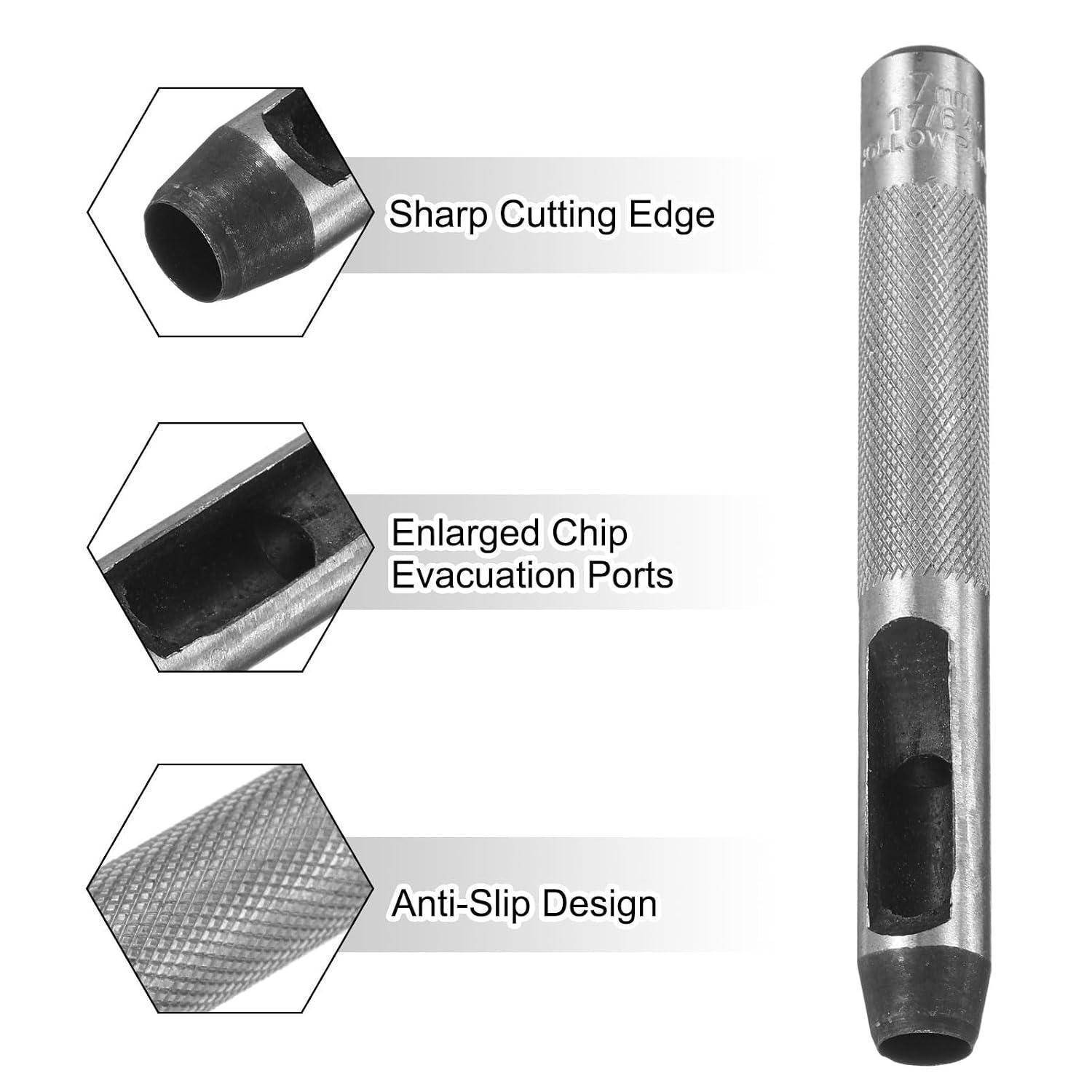 Kommentiertes Diagramm eines gerillten Metallwerkzeugs mit einer scharfen Schneidkante, vergrößerten Spanauswurfbohrungen und einem rutschfestem Design.