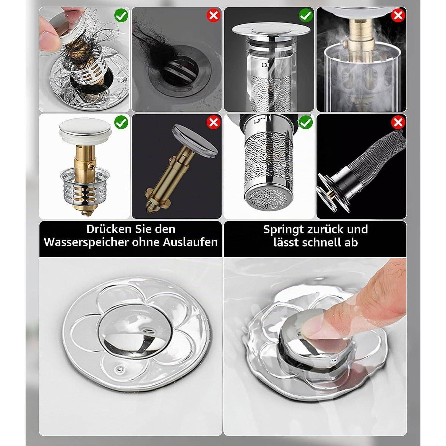2 Stück Abflussstopfen Waschbecken,Rückprall Kern Push-Typ Waschbeckenstöpsel Abfluss Sieb Universal Pop Up Abflusssieb mit Anti Clogging Sieb für