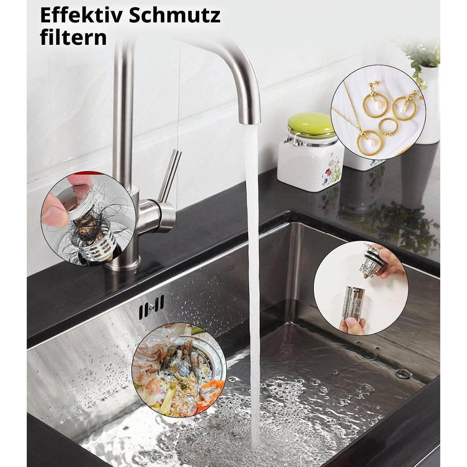 Küchenspüle mit laufendem Wasserhahn und kreisförmigen Nahaufnahmen, die einen abnehmbaren Drainfilter zeigen, der Haare, Verschmutzungen und Schmuck auffängt; Text besagt „Effektiv Schmutz filtern