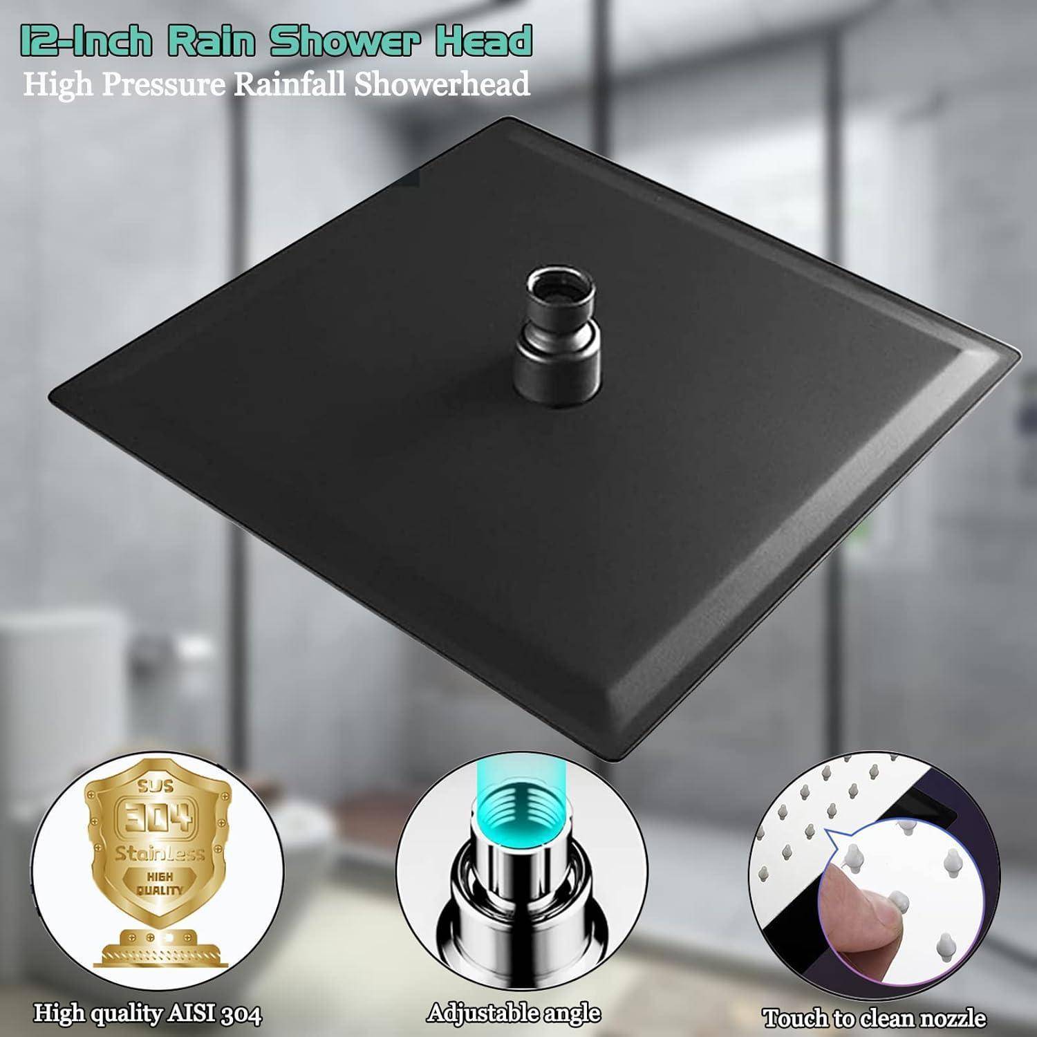 12 Zoll(30cm) Regendusche Duschkopf Edelstahl AISI304 Regenbrause Anti-Kalk-Düsen Duschkopf Regenduschkopf Quadratisch Schwarz