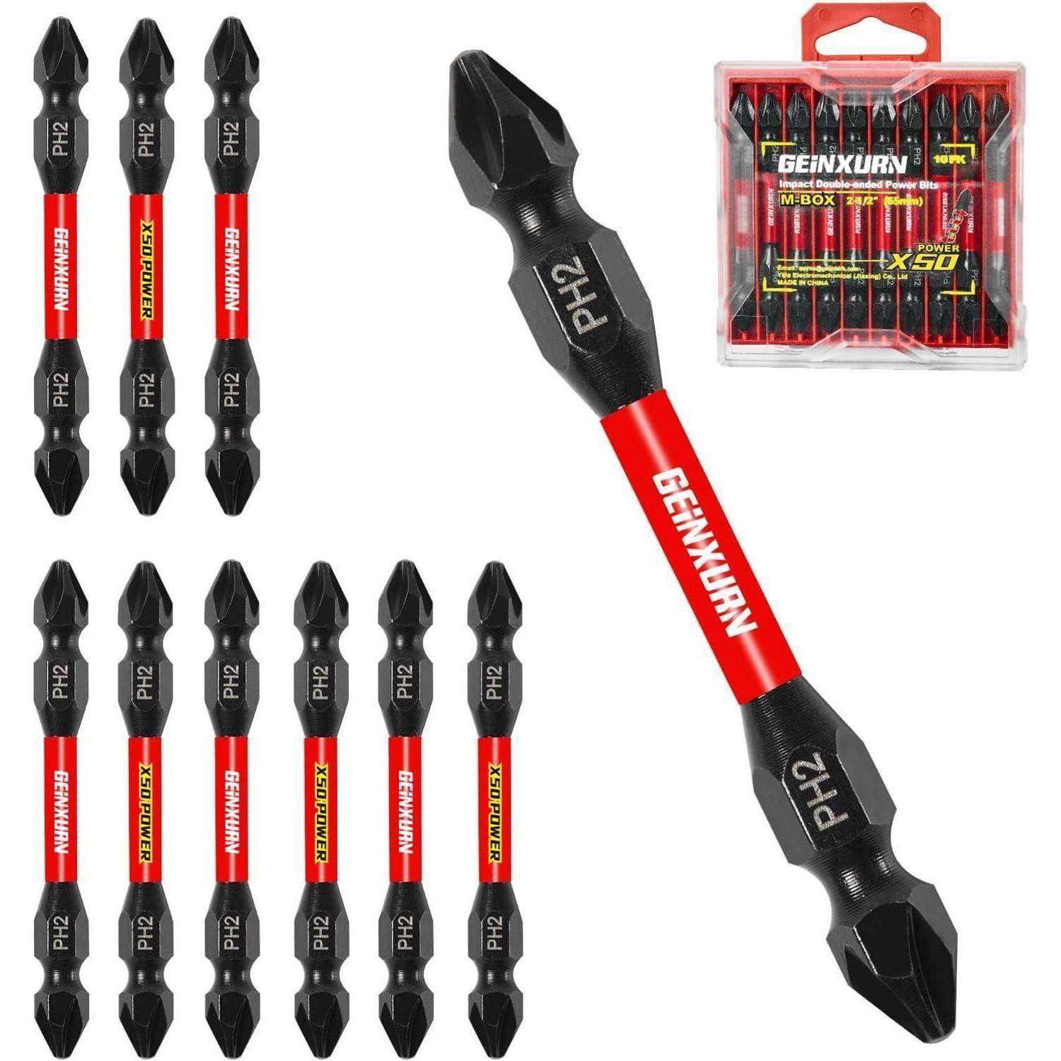 GEINXURN 10-teiliges PH2/PH2 Kreuzschlitz Schlagfest Doppelend Schraubendreher Bit Set, 65mm #2 Phillips Bitsatz, Magnetisch, aus S2-Stahl, mit